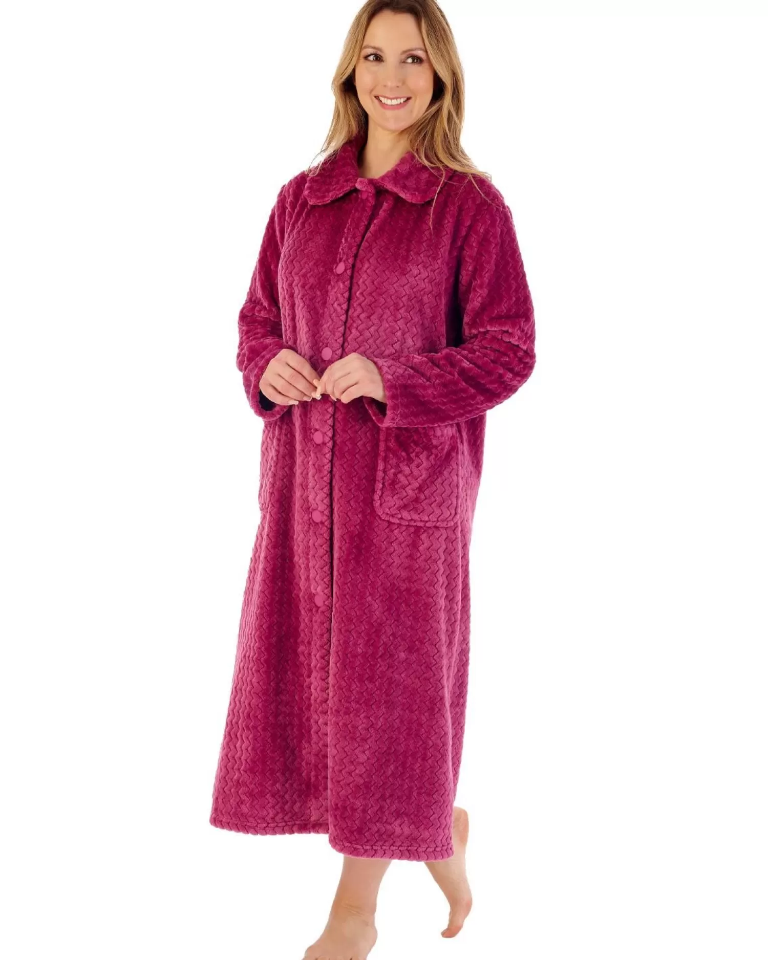 Slenderella Dressing Gowns | 46" Chevron Embossed Fleece Button Dressing Gown - Raspberry