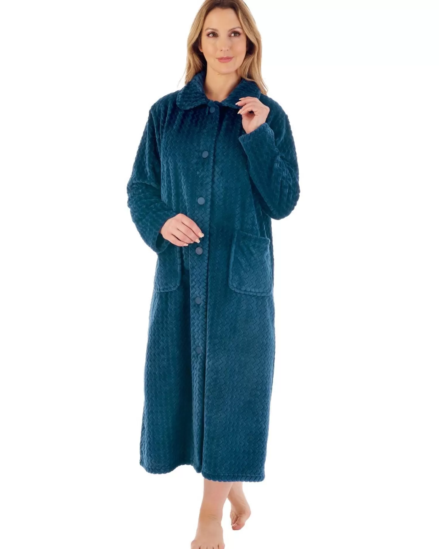 Slenderella Dressing Gowns | 46" Chevron Embossed Fleece Button Dressing Gown - Teal