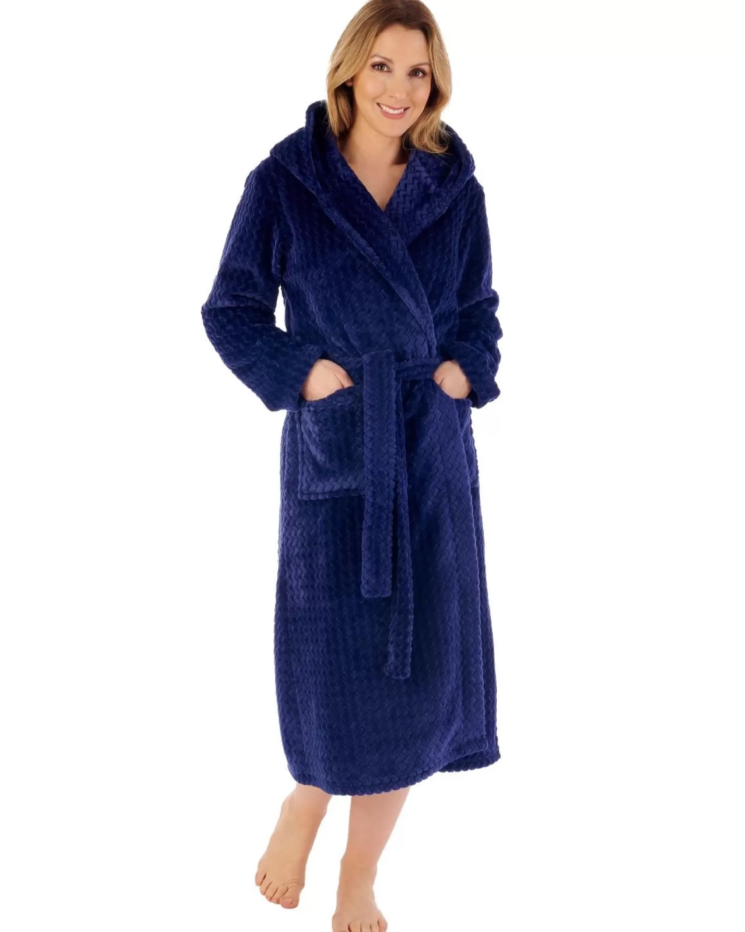 Slenderella Dressing Gowns | 46" Chevron Embossed Fleece Hooded Dressing Gown - Navy