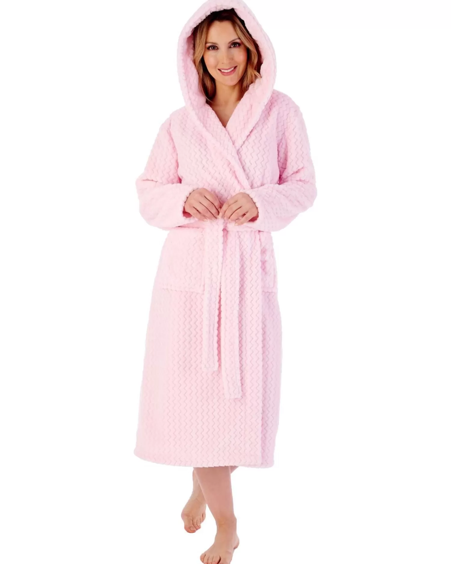 Slenderella Dressing Gowns | 46" Chevron Embossed Fleece Hooded Dressing Gown - Pink