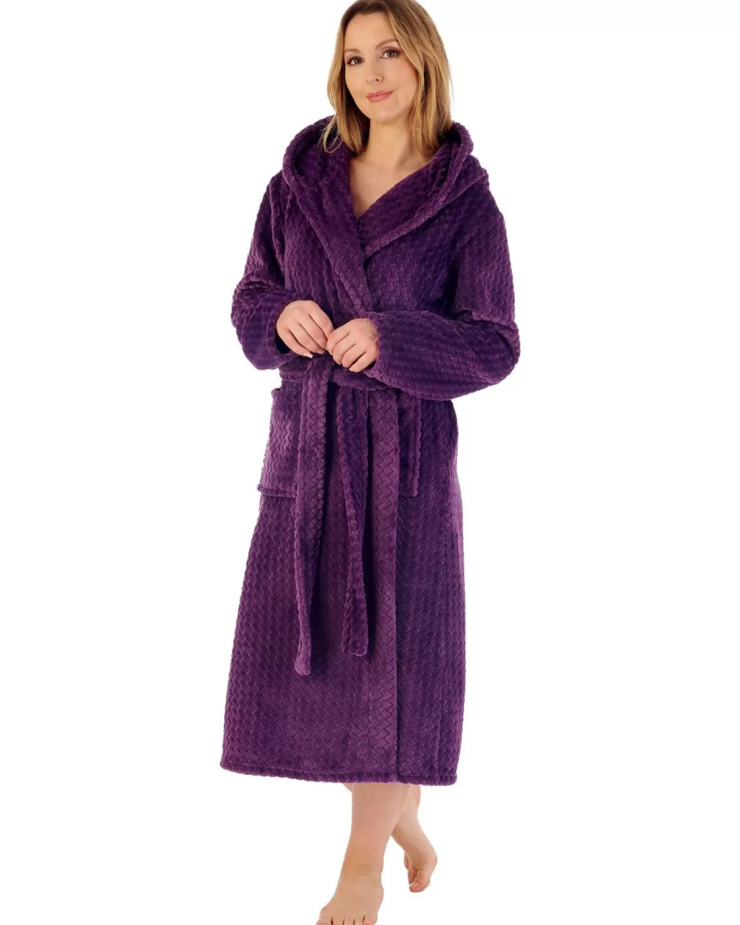 Slenderella Dressing Gowns | 46" Chevron Embossed Fleece Hooded Dressing Gown - Purple
