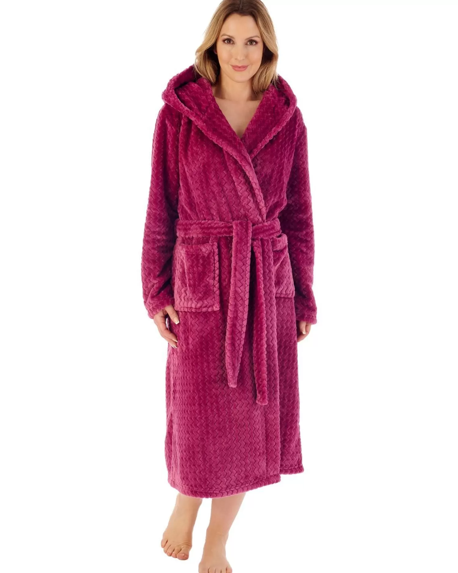 Slenderella Dressing Gowns | 46" Chevron Embossed Fleece Hooded Dressing Gown - Raspberry