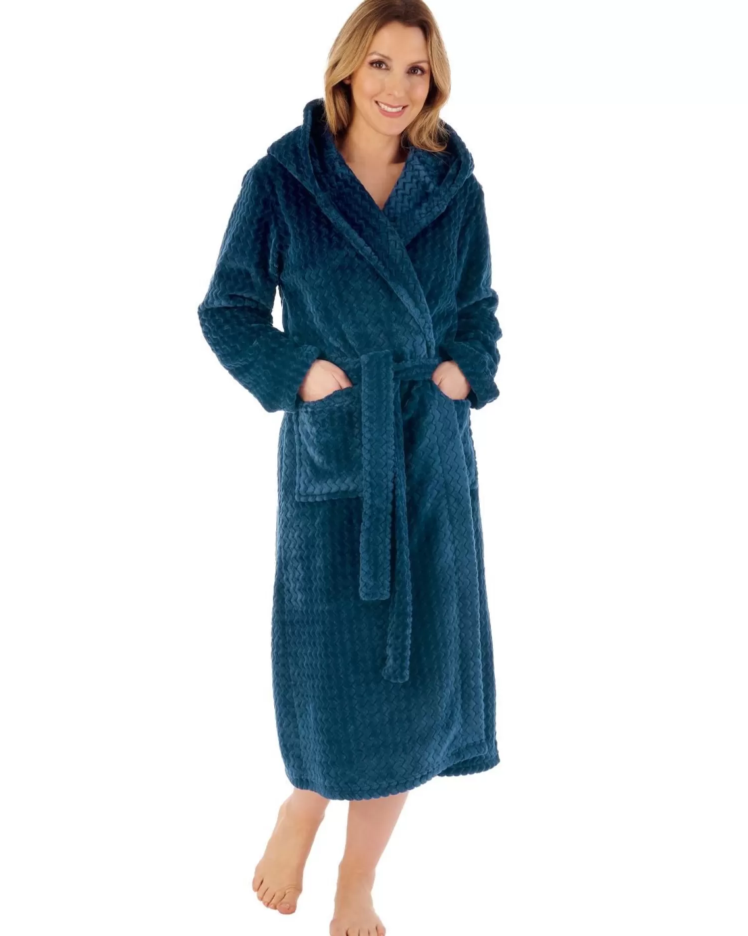 Slenderella Dressing Gowns | 46" Chevron Embossed Fleece Hooded Dressing Gown - Teal