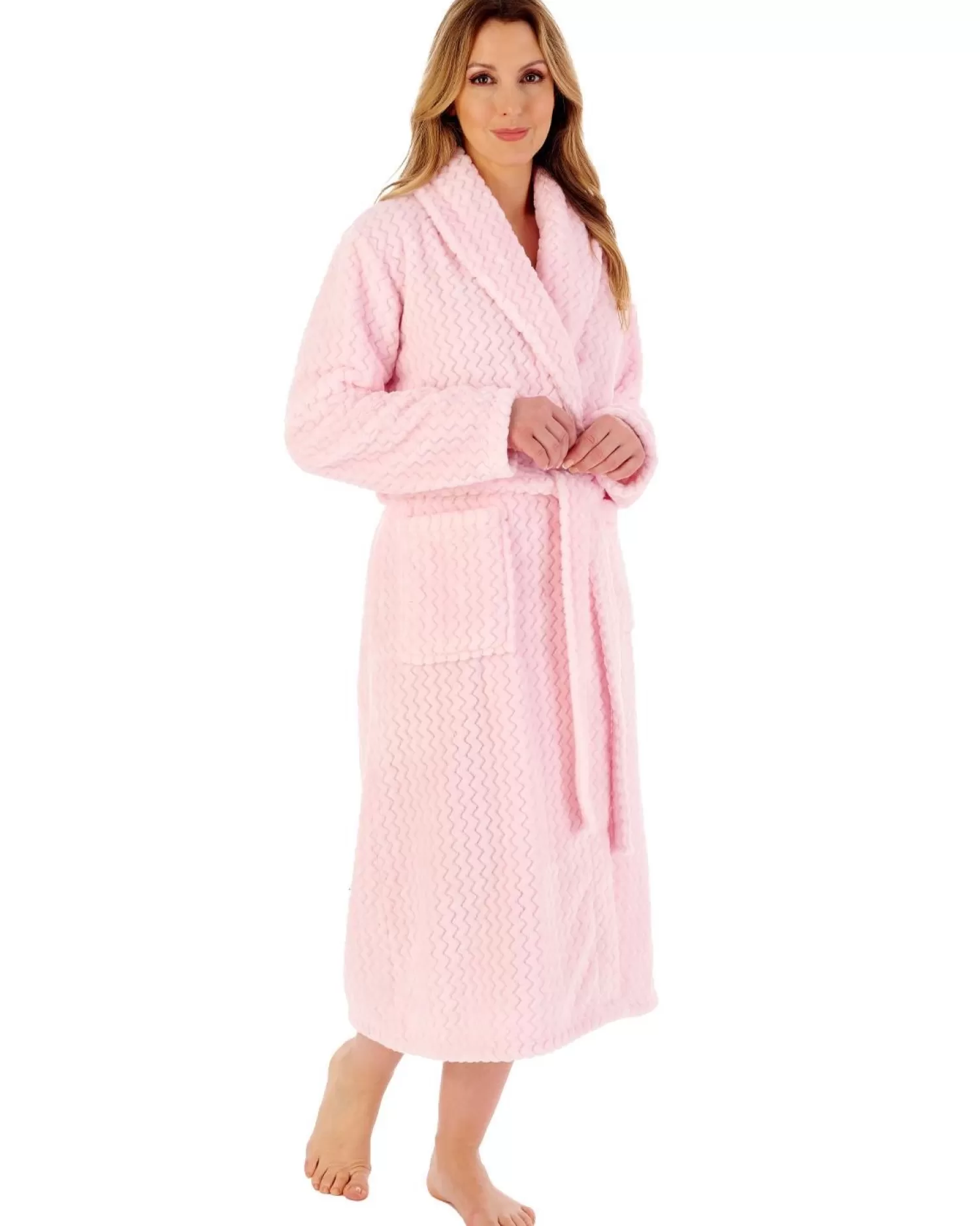 Slenderella Dressing Gowns | 46" Chevron Embossed Fleece Wrap Dressing Gown - Pink