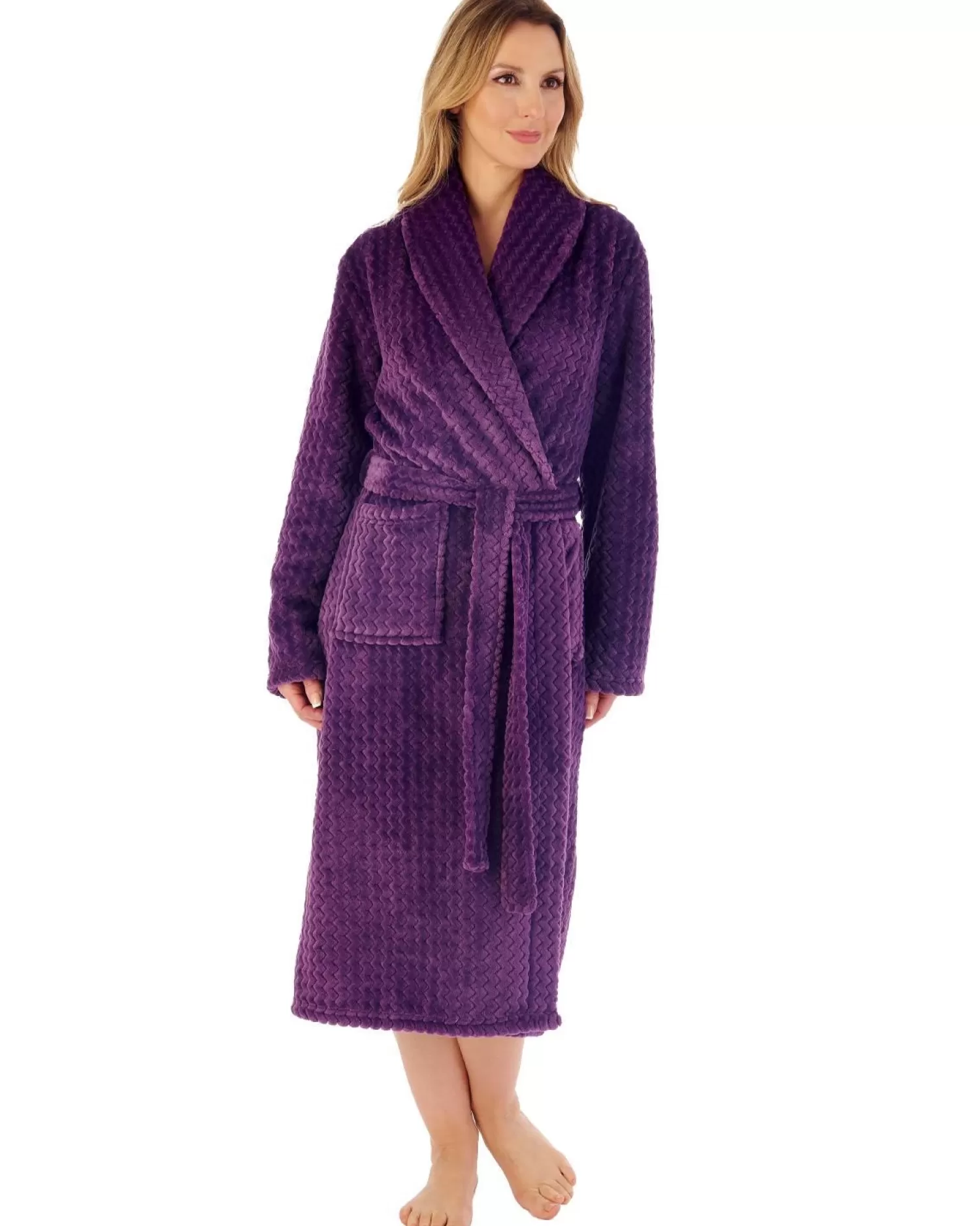 Slenderella Dressing Gowns | 46" Chevron Embossed Fleece Wrap Dressing Gown - Purple