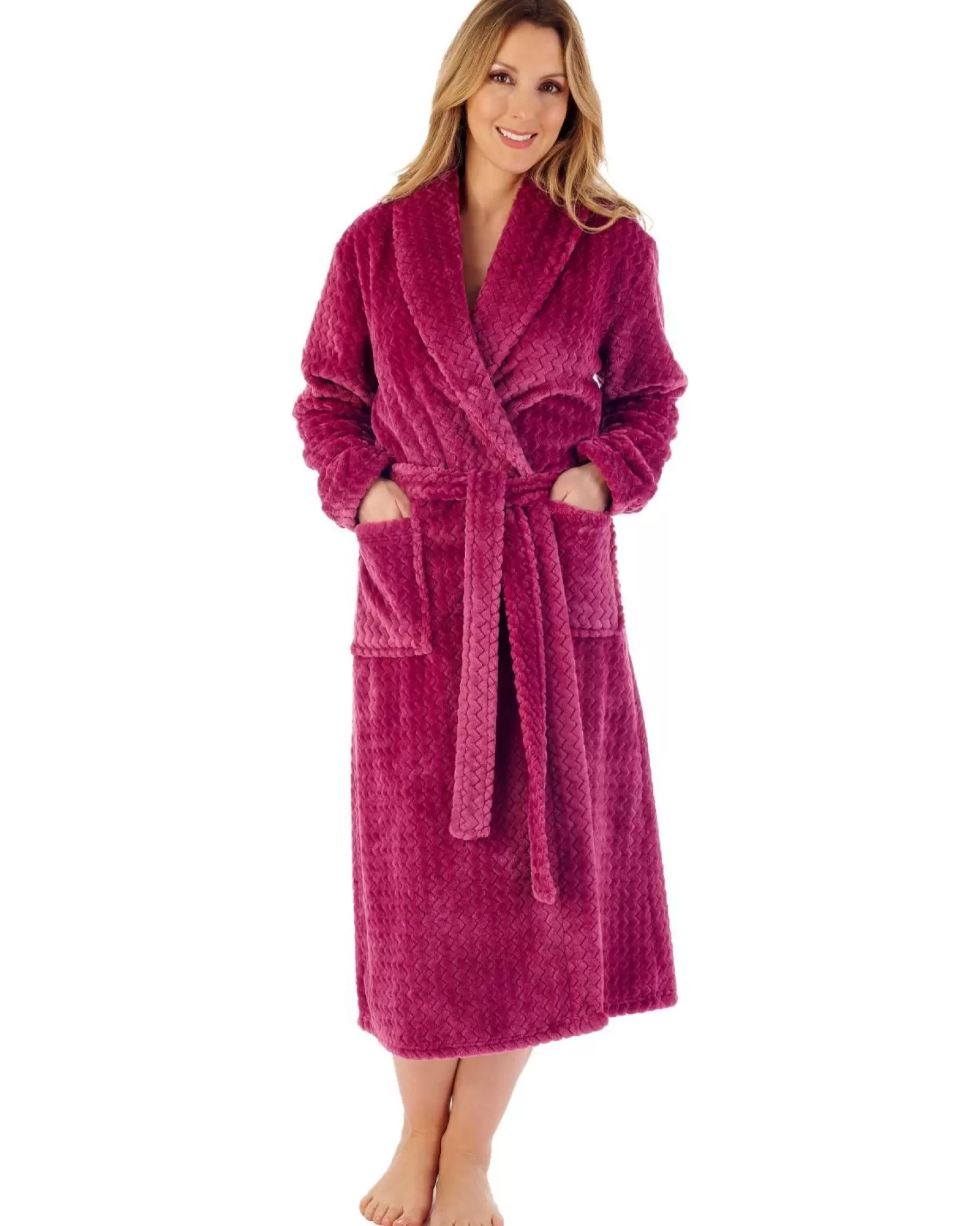 Slenderella Dressing Gowns | 46" Chevron Embossed Fleece Wrap Dressing Gown - Raspberry