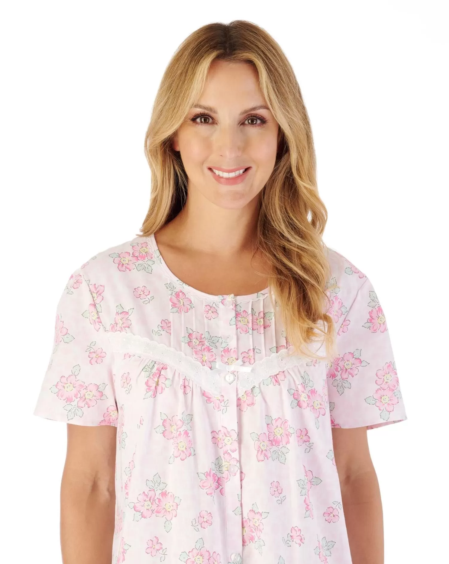 Slenderella Nighties | 46" Shadow Leaf Floral Button Cotton Nightie - Pink