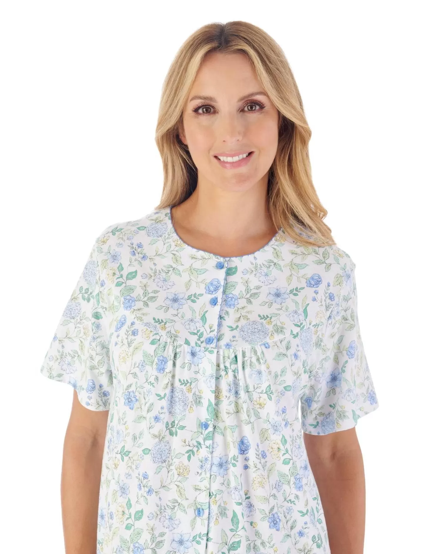 Slenderella Nighties | 46" Trailing Floral Short Sleeve Button Nightie - Blue