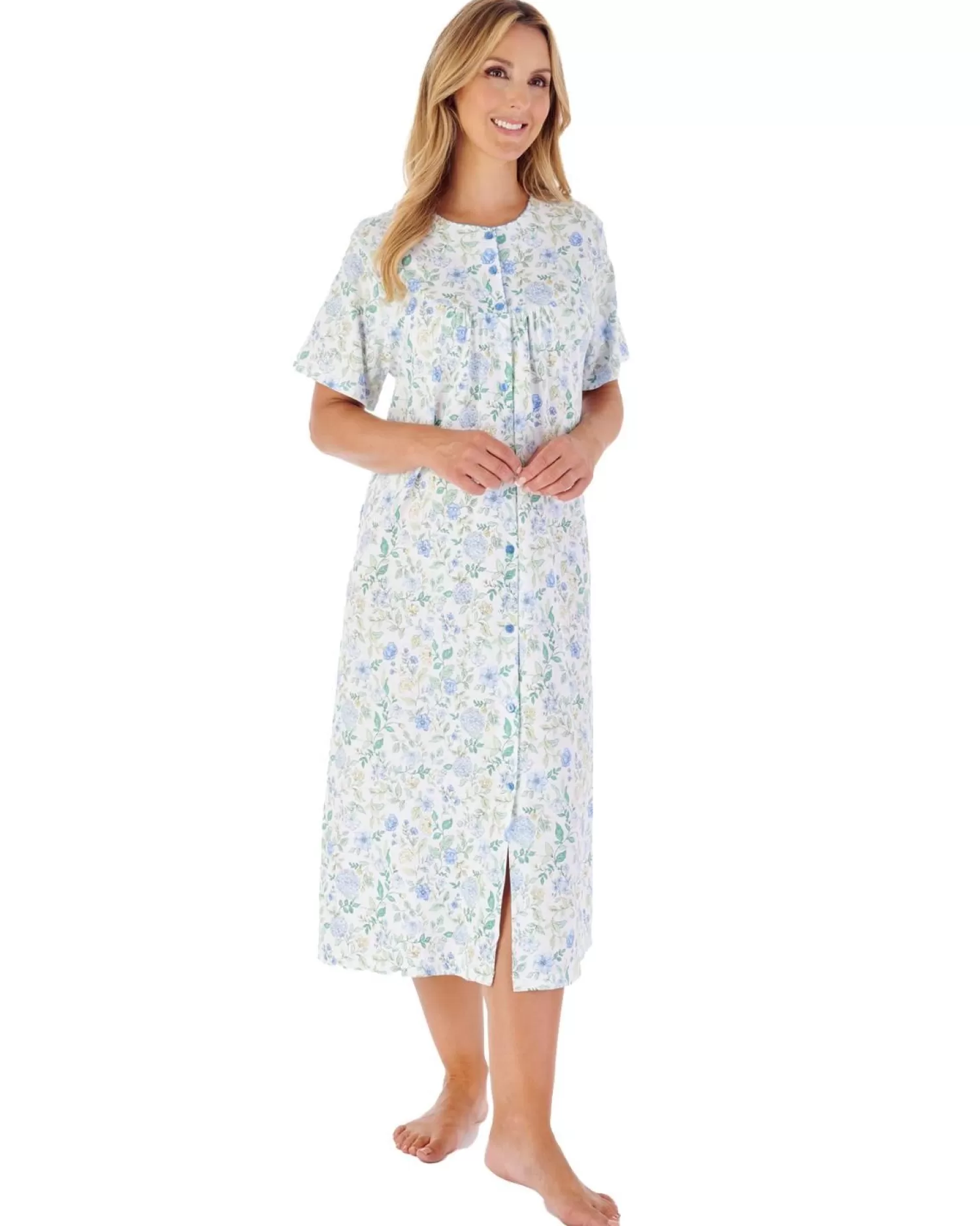 Slenderella Nighties | 46" Trailing Floral Short Sleeve Button Nightie - Blue