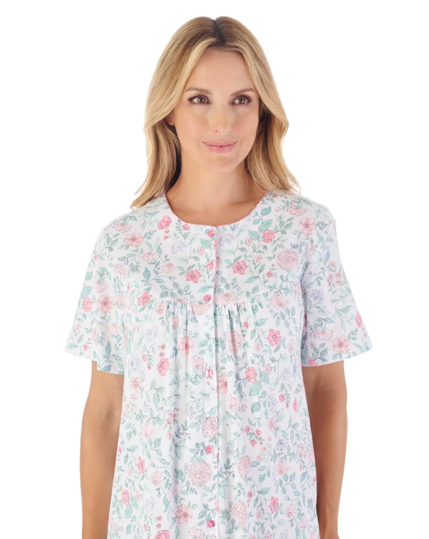 Slenderella Nighties | 46" Trailing Floral Short Sleeve Button Nightie - Pink