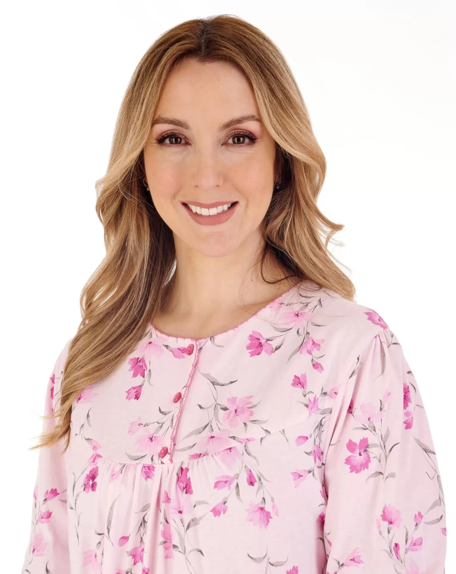 Slenderella Nighties | 50" Picot Trim Long Sleeve Jersey Nightdress - Pink