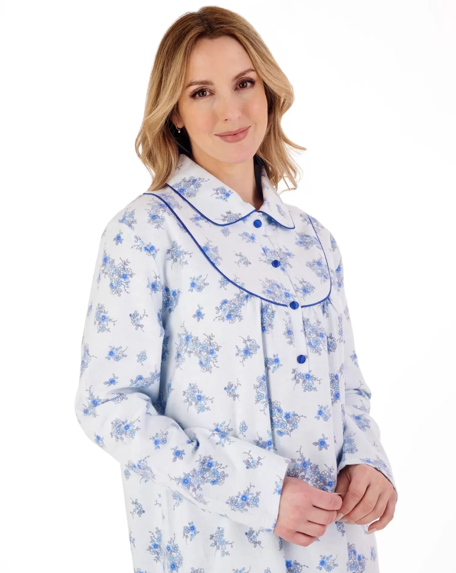 Slenderella Nighties | 51" Brushed Flannel Collared Nightdress - Blue