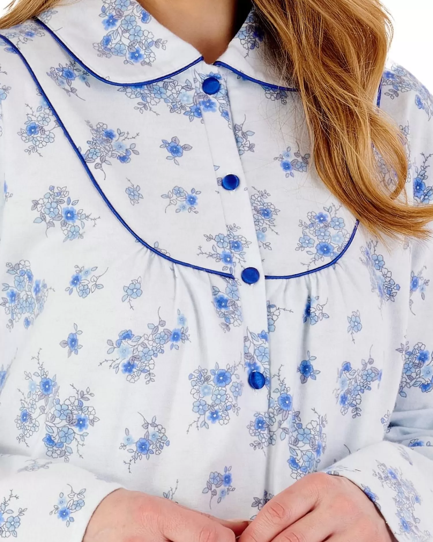 Slenderella Nighties | 51" Brushed Flannel Collared Nightdress - Blue