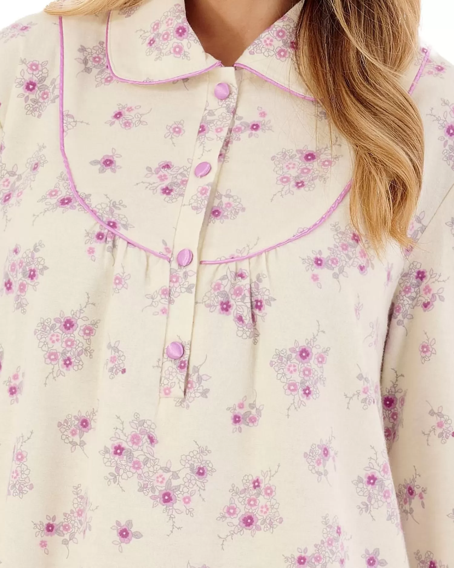 Slenderella Nighties | 51" Brushed Flannel Collared Nightdress - Cream