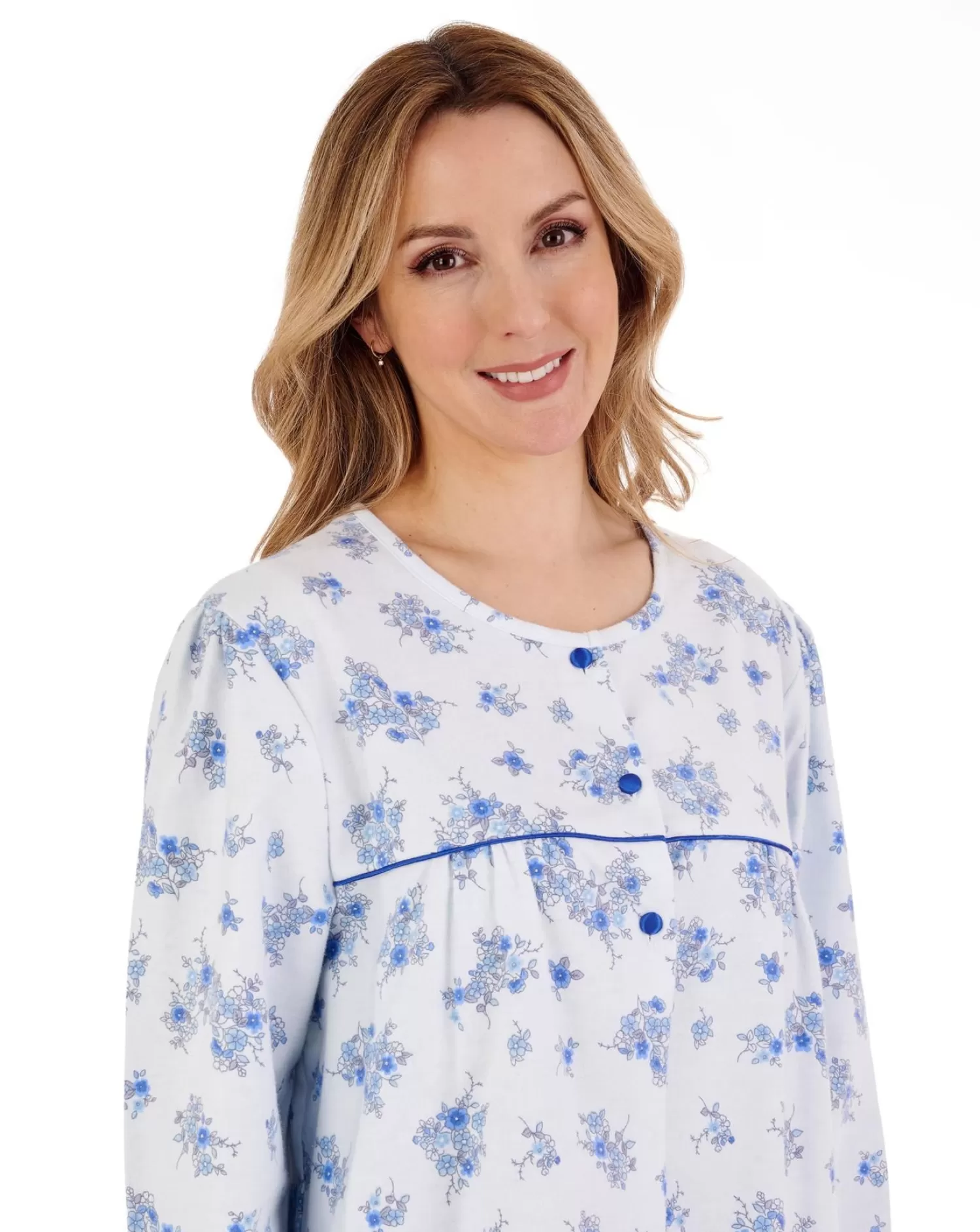 Slenderella Nighties | 51" Brushed Flannel Round Neck Nightdress - Blue