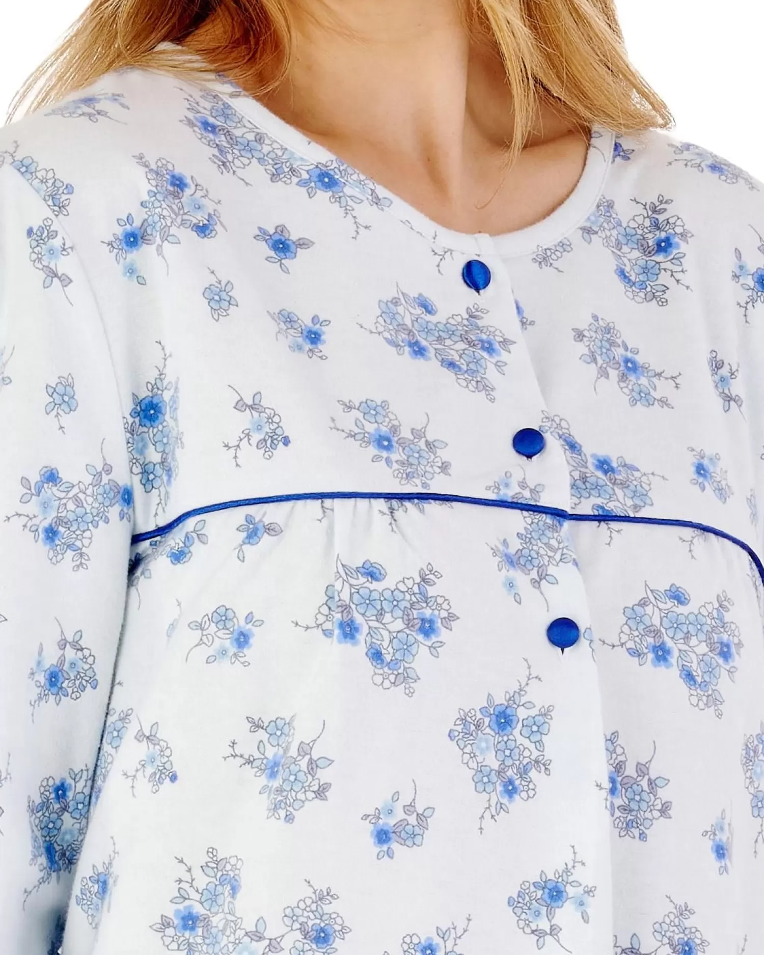 Slenderella Nighties | 51" Brushed Flannel Round Neck Nightdress - Blue