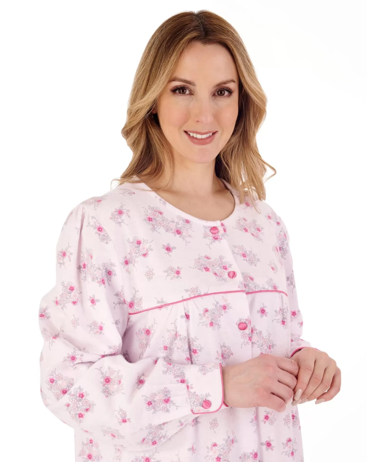 Slenderella Nighties | 51" Brushed Flannel Round Neck Nightdress - Pink