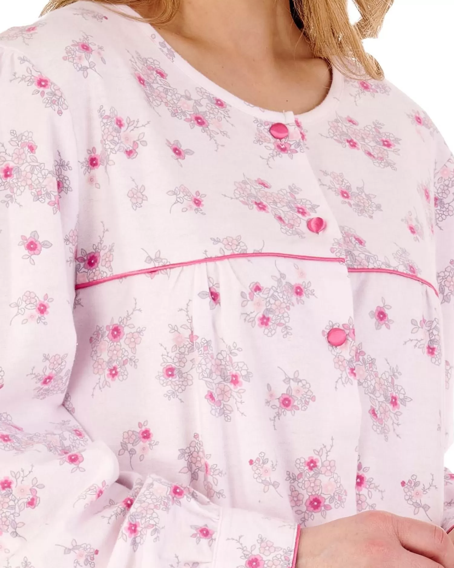 Slenderella Nighties | 51" Brushed Flannel Round Neck Nightdress - Pink