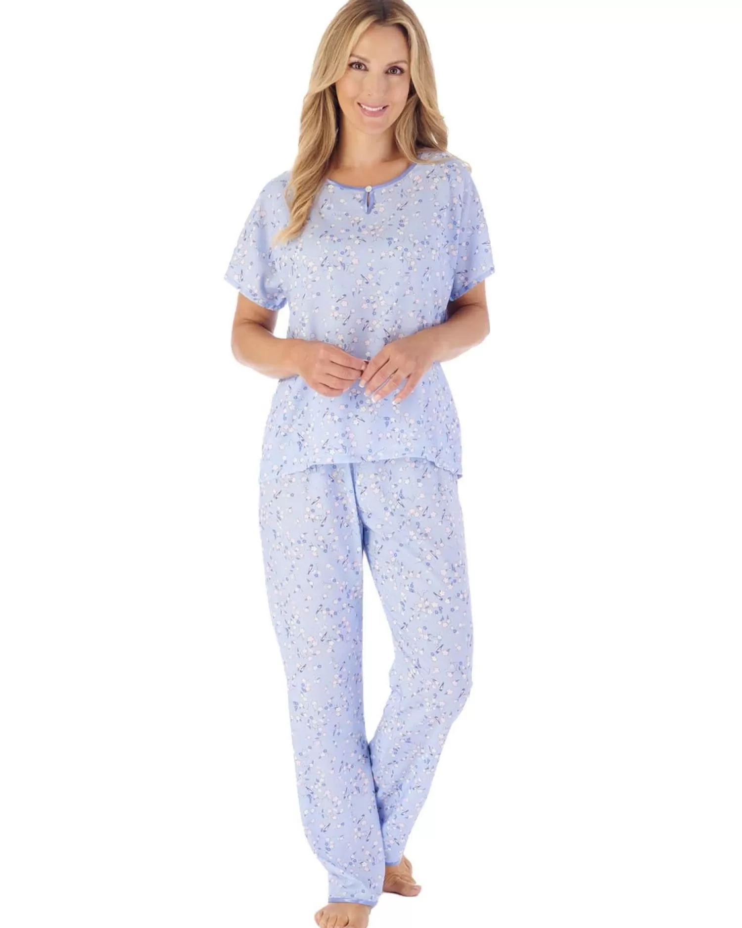 Slenderella Pyjamas | Blossom Print Short Sleeve Woven Pyjamas - Blue