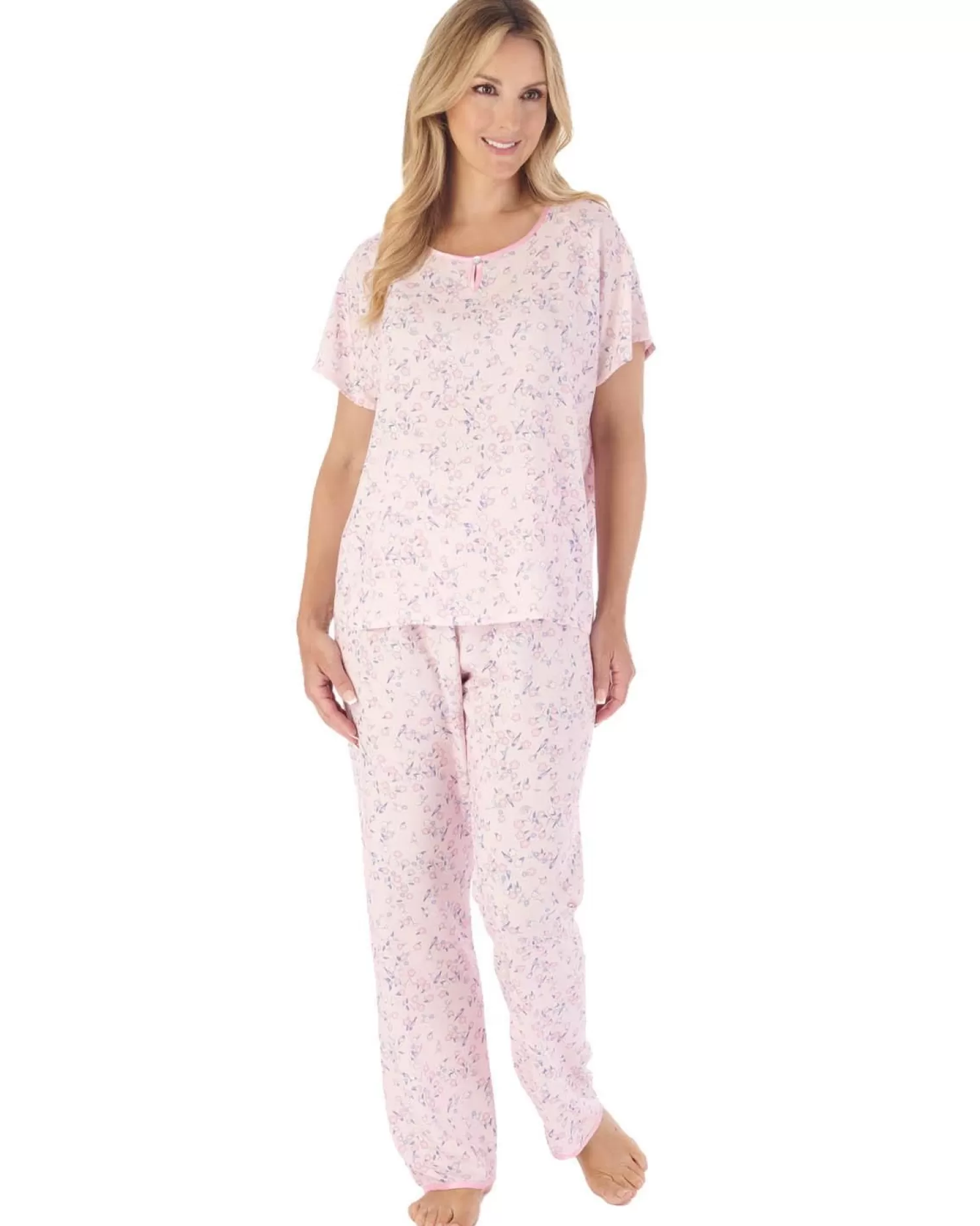 Slenderella Pyjamas | Blossom Print Short Sleeve Woven Pyjamas - Pink