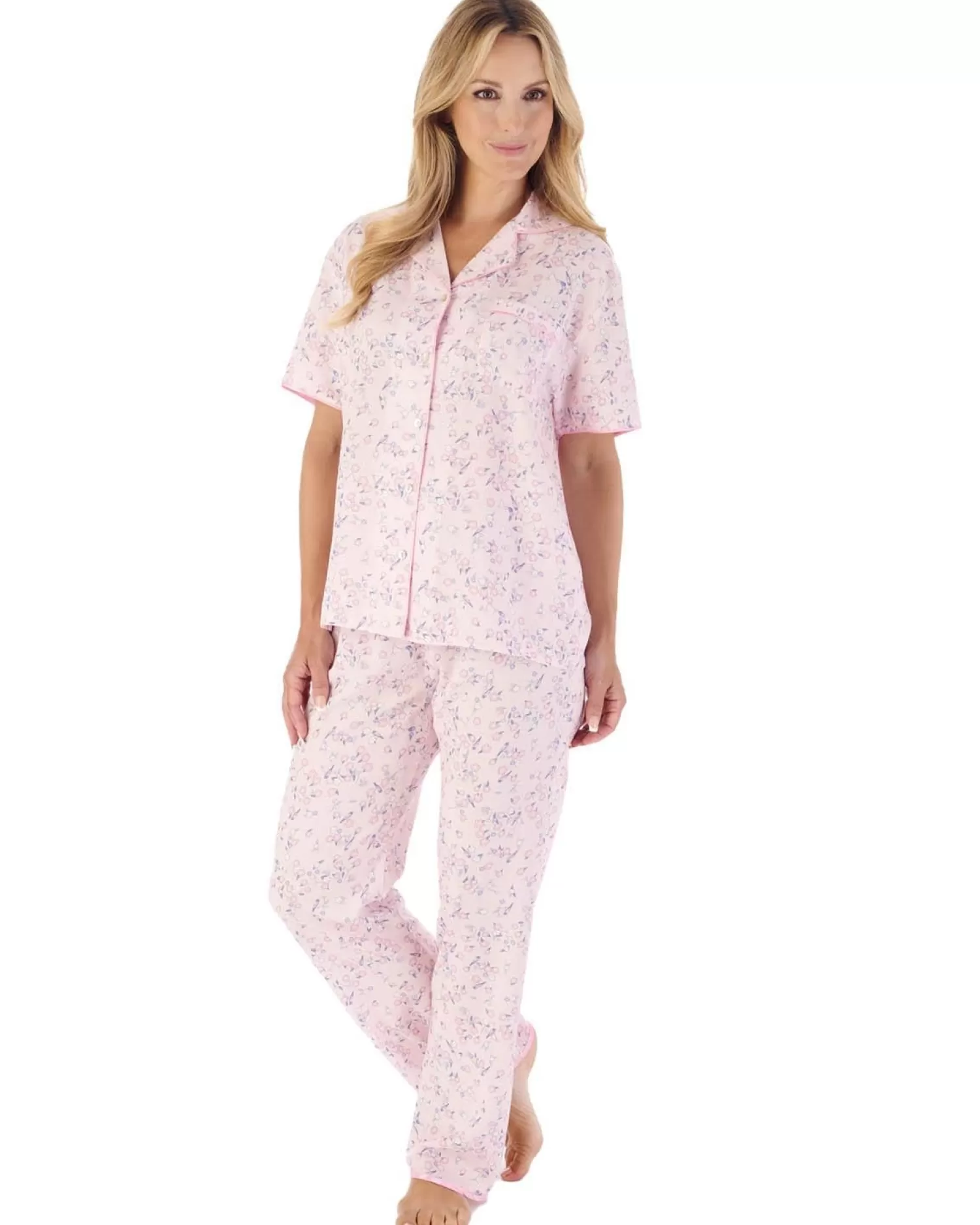 Slenderella Pyjamas | Blossom Print Woven Button Pyjamas - Pink