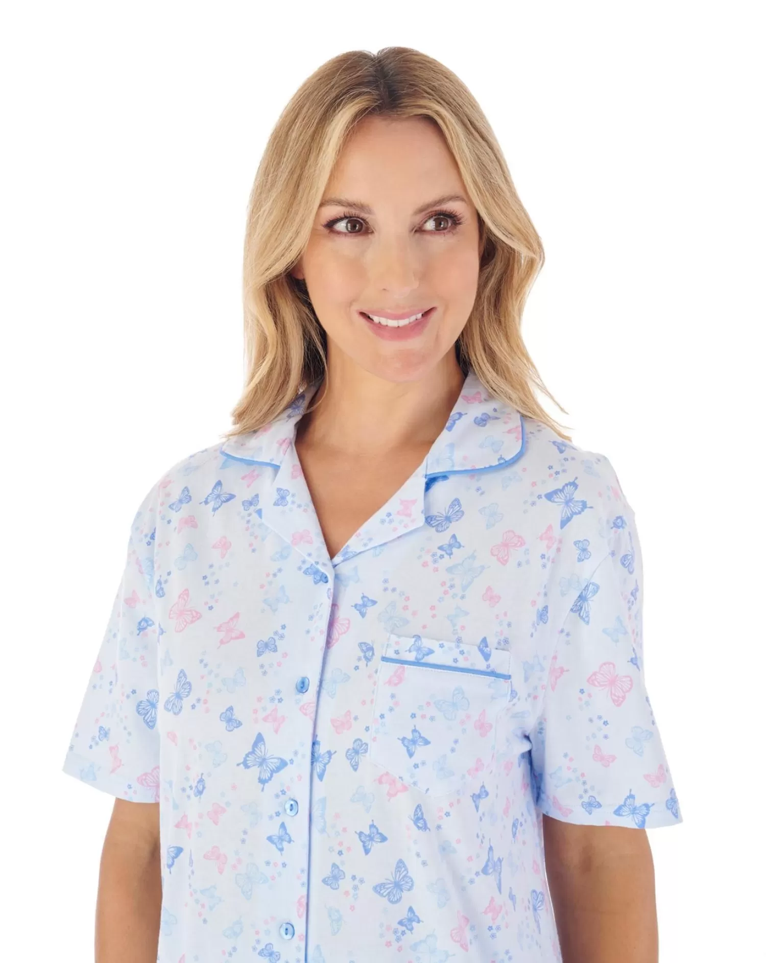 Slenderella Pyjamas | Butterfly Print Button Pyjamas - Blue