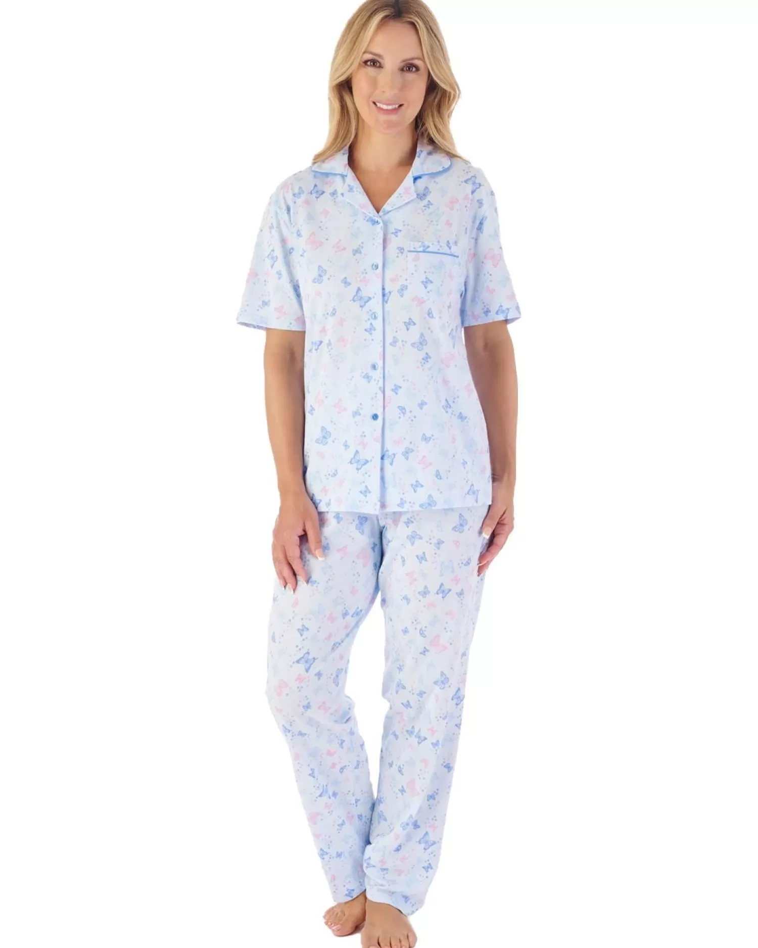 Slenderella Pyjamas | Butterfly Print Button Pyjamas - Blue