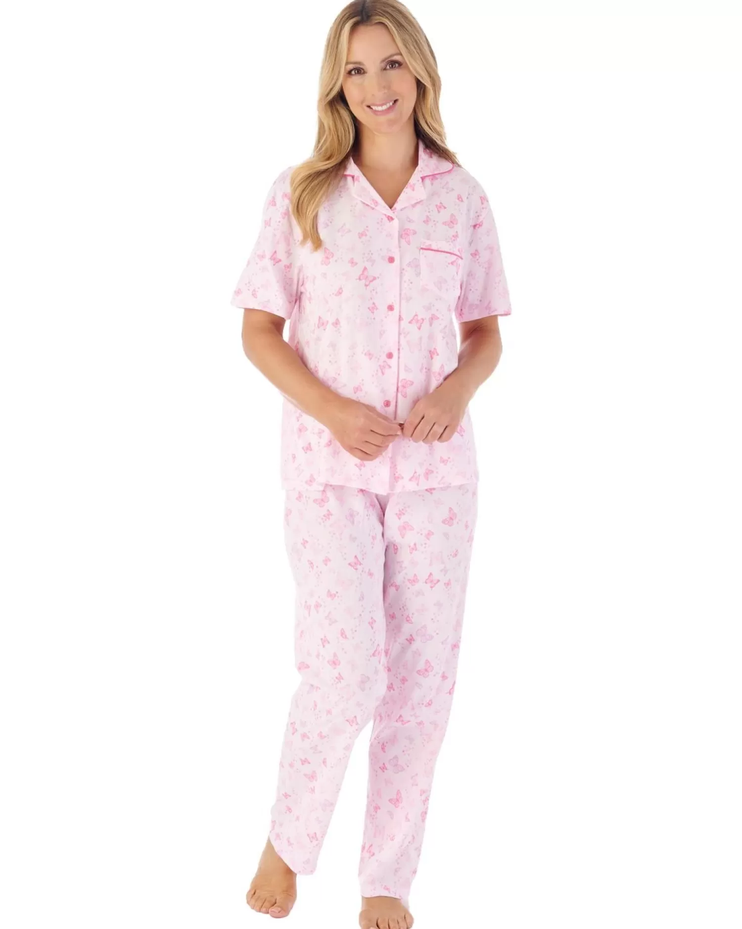 Slenderella Pyjamas | Butterfly Print Button Pyjamas - Pink
