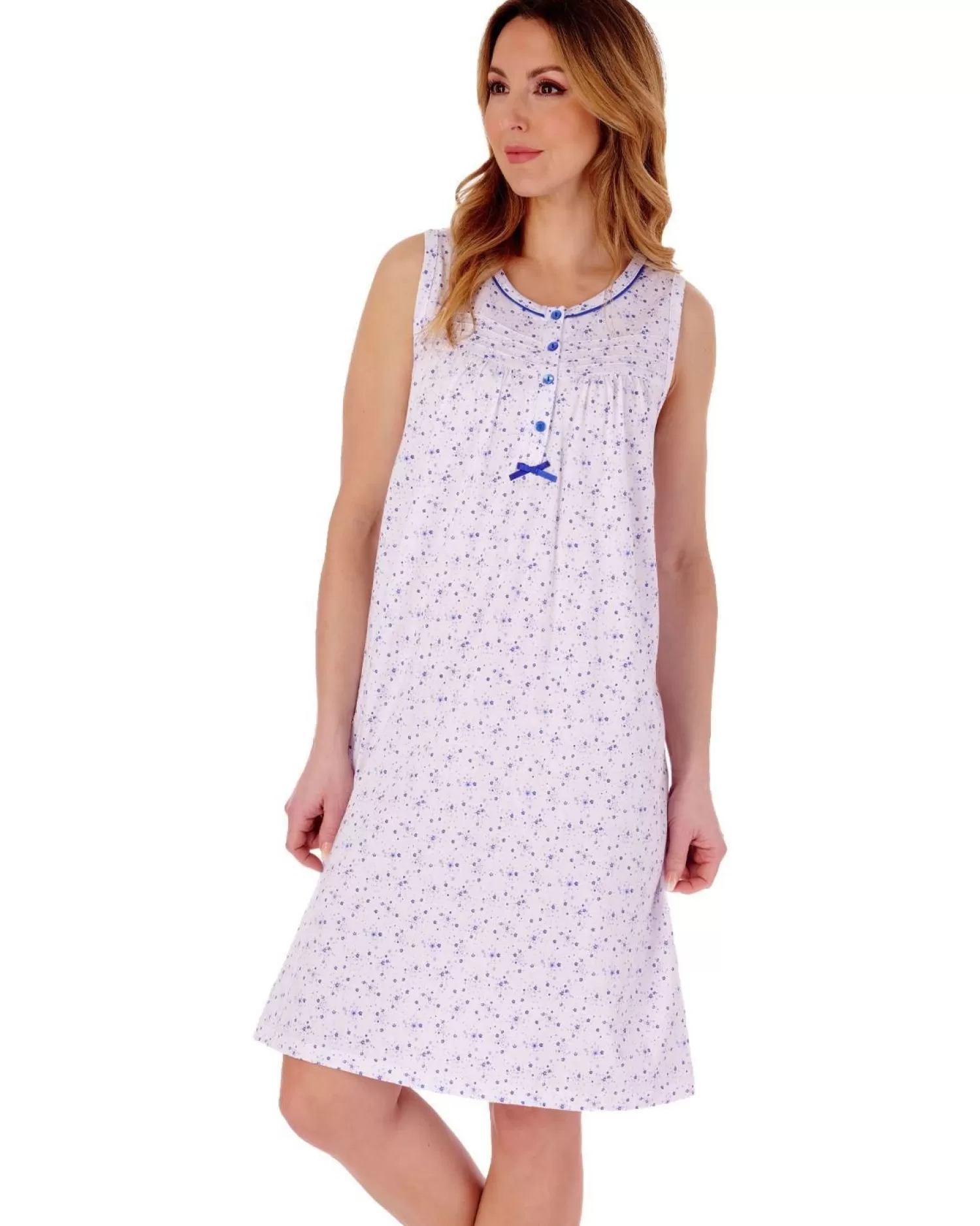 Slenderella Nighties | Ditsy Floral 40" Sleeveless Jersey Nightie - Blue