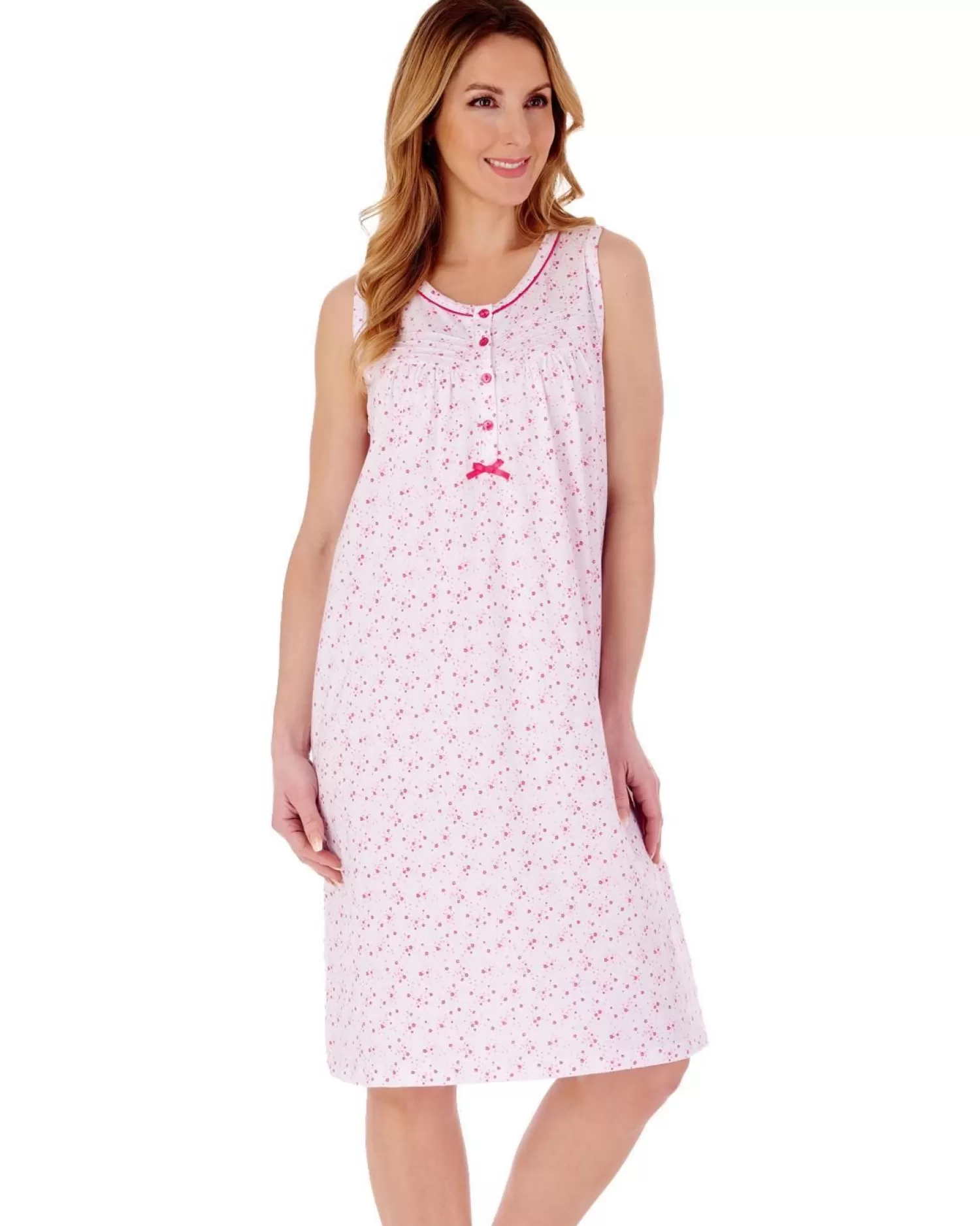 Slenderella Nighties | Ditsy Floral 40" Sleeveless Jersey Nightie - Pink