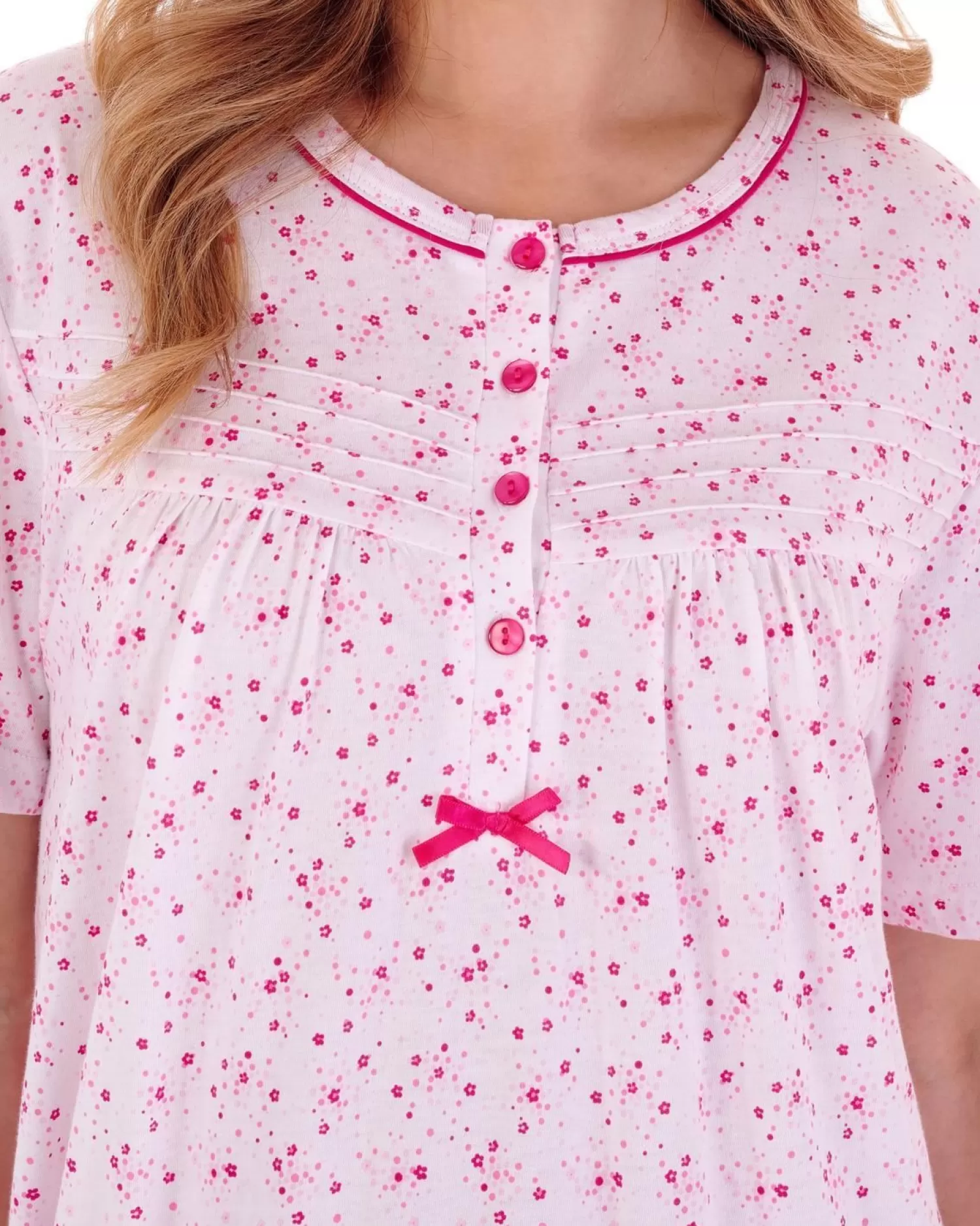 Slenderella Nighties | Ditsy Floral 42" Short Sleeve Jersey Nightie - Pink