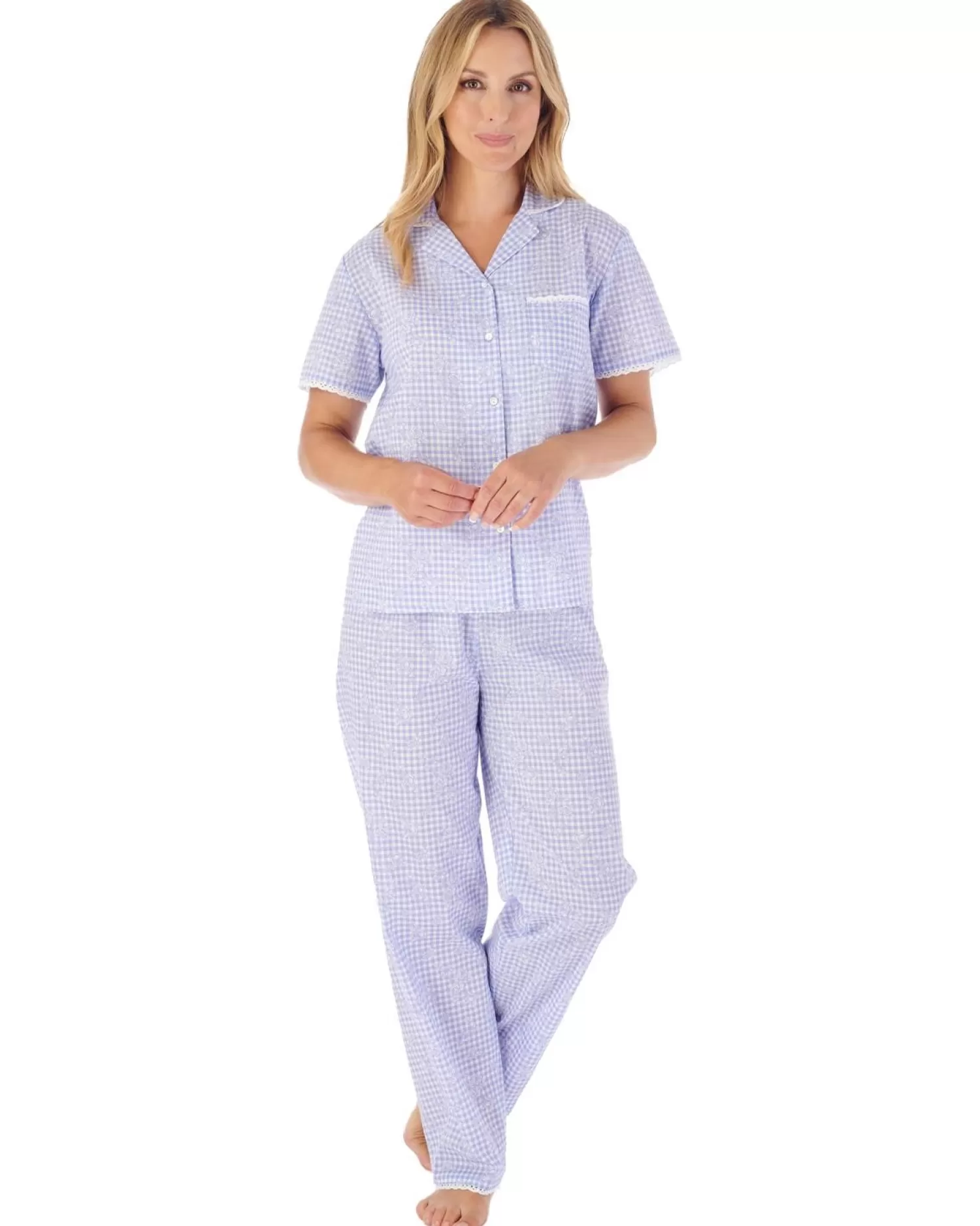 Slenderella Pyjamas | Floral Gingham Button Pyjamas - Blue
