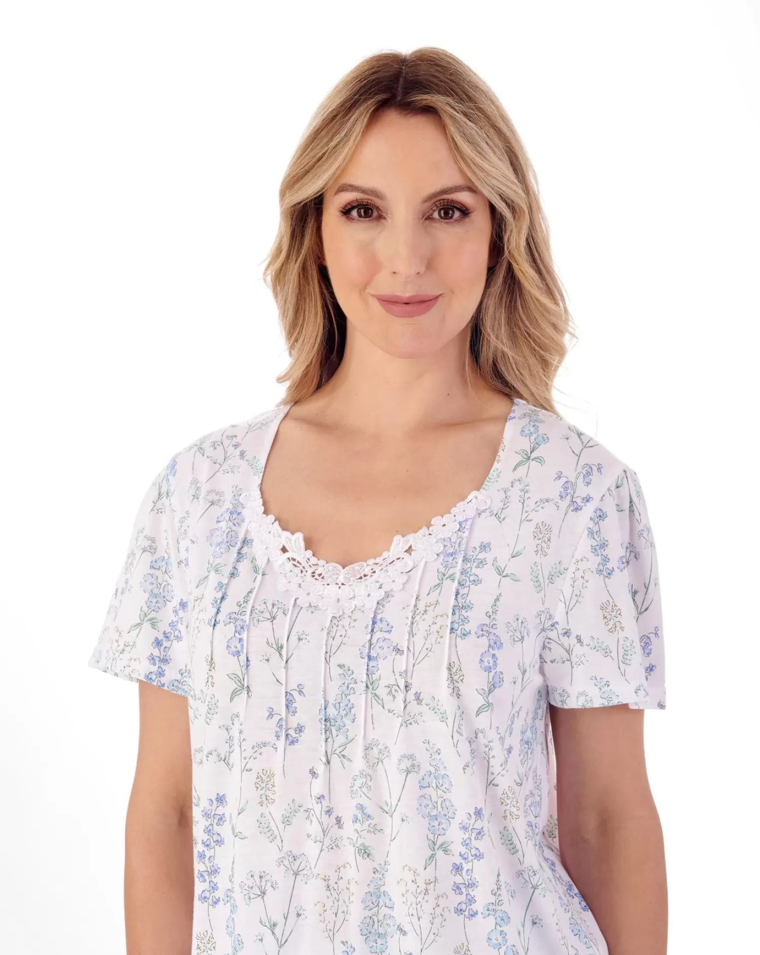 Slenderella Pyjamas | Floral Meadow V-Neck Short Sleeve Jersey Pyjamas - Blue