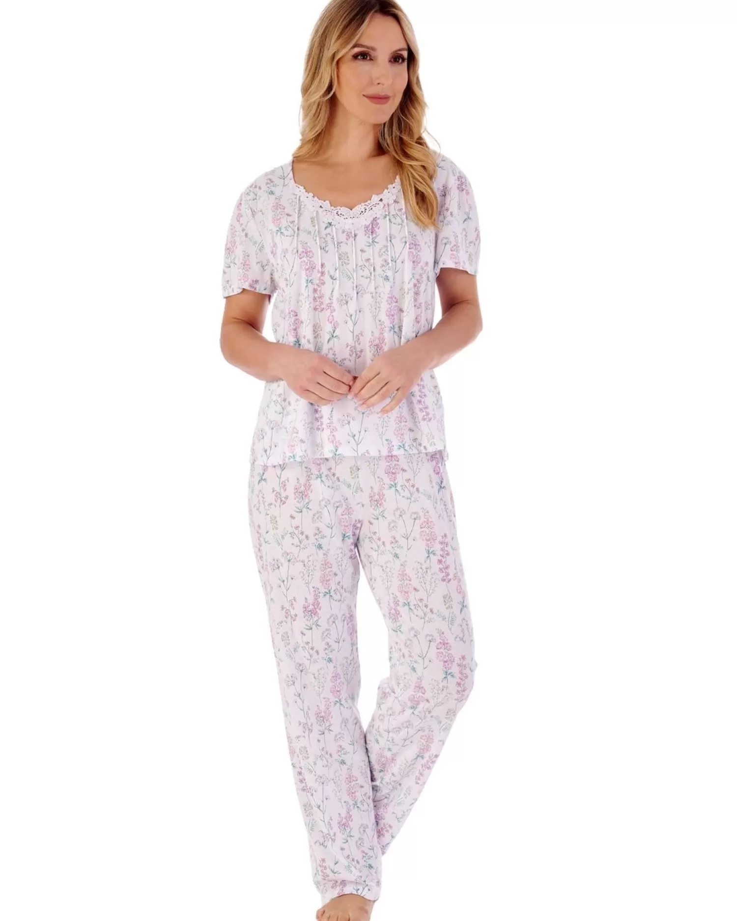 Slenderella Pyjamas | Floral Meadow V-Neck Short Sleeve Jersey Pyjamas - Pink