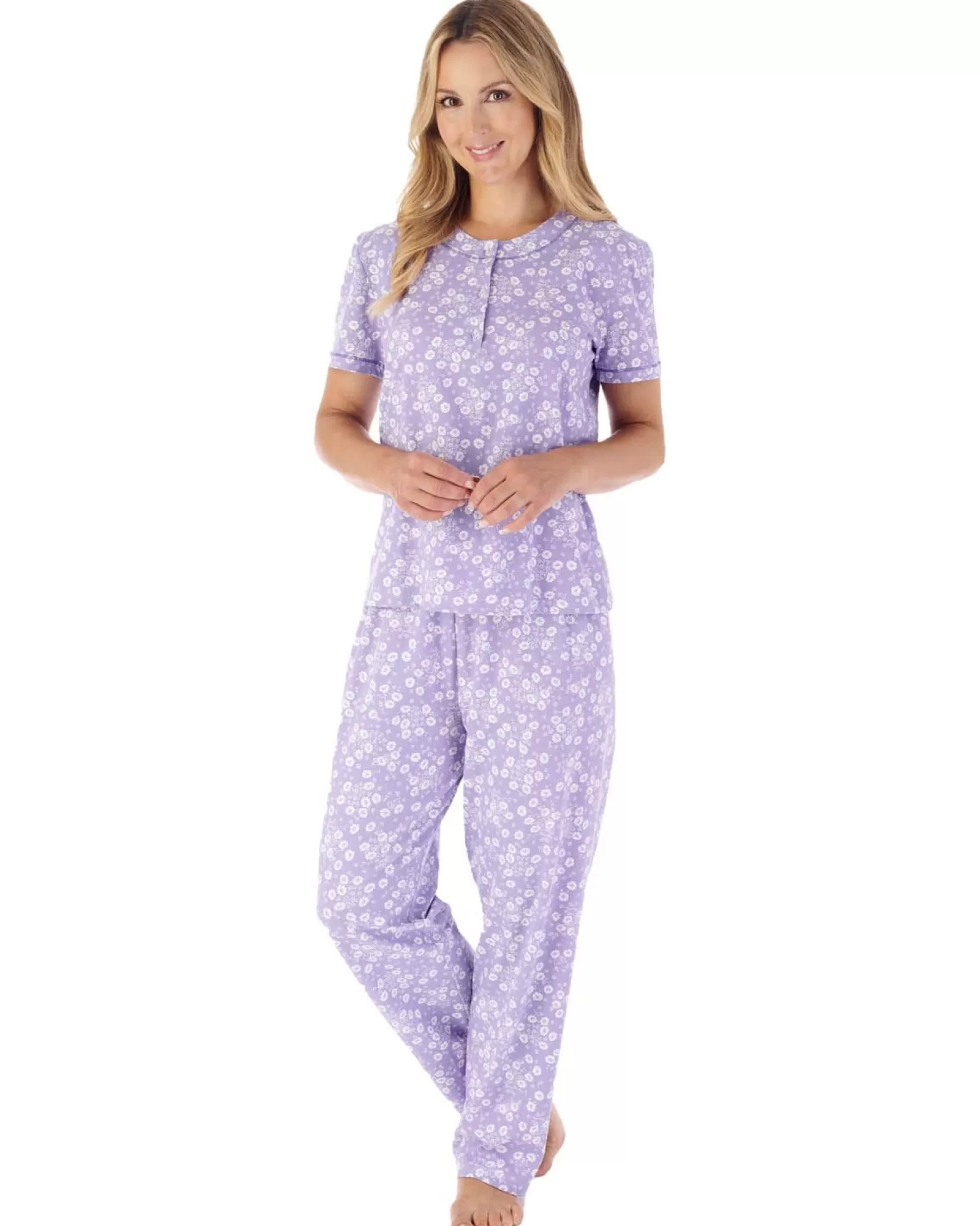 Slenderella Pyjamas | Floral Print Short Sleeve Pyjamas - Purple