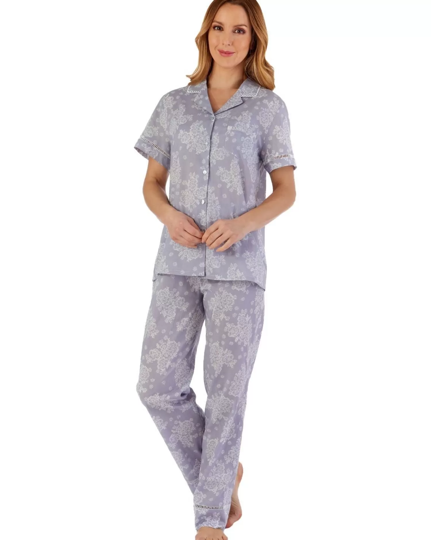 Slenderella Pyjamas | Floral Tailored Woven Pyjamas - Grey