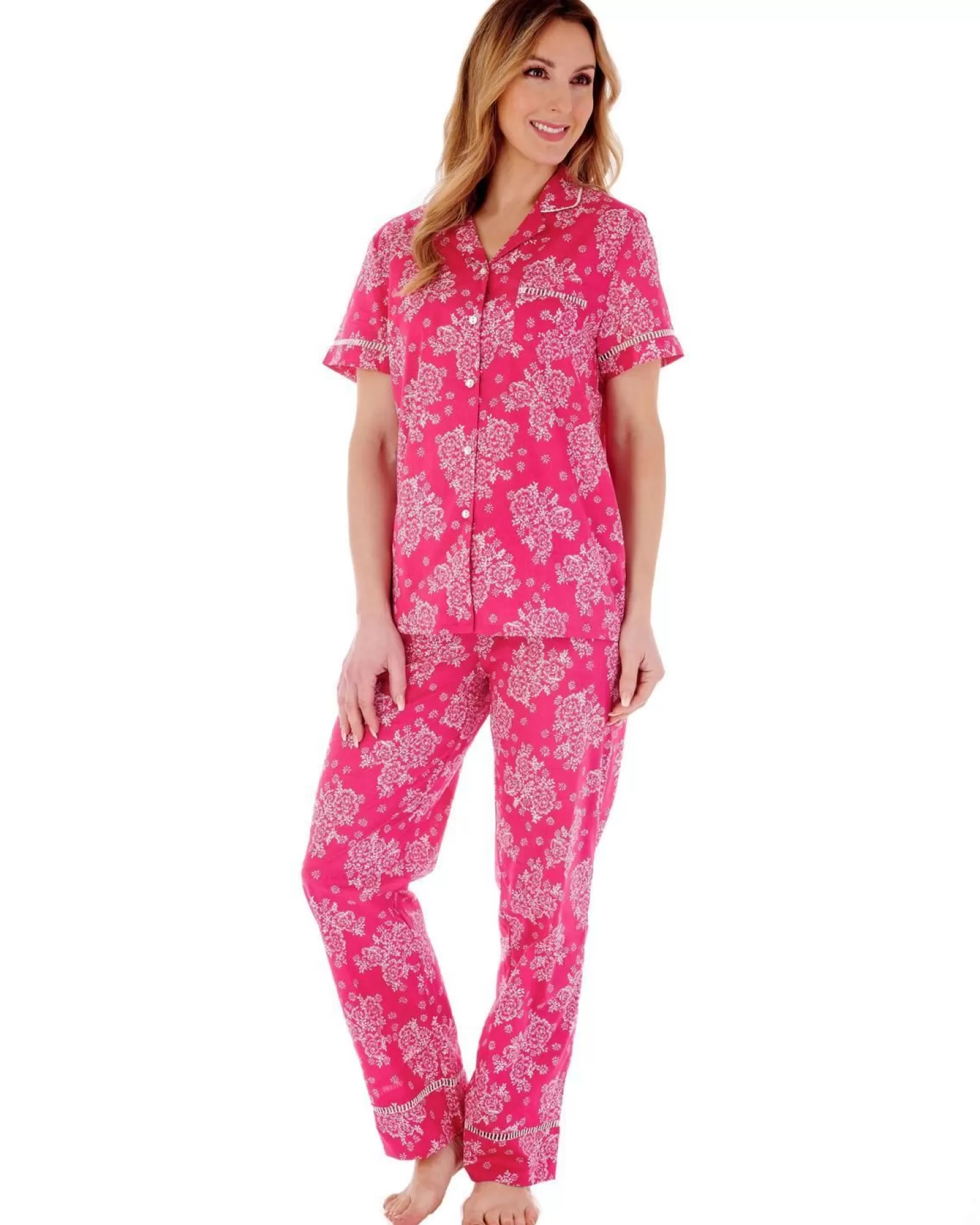 Slenderella Pyjamas | Floral Tailored Woven Pyjamas - Raspberry