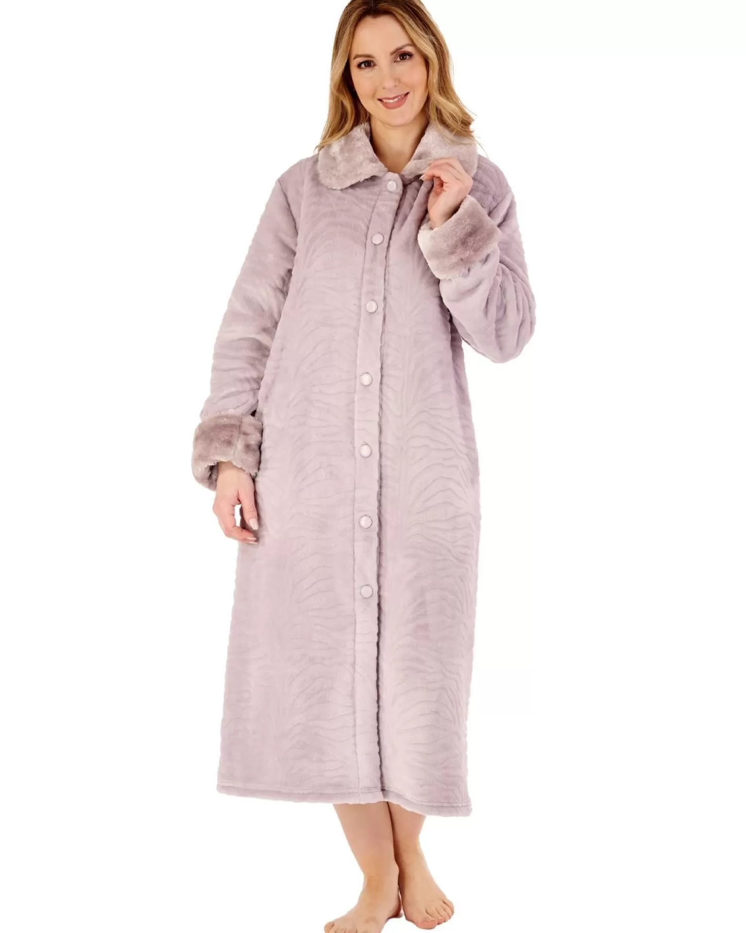 Slenderella Dressing Gowns | Fur Collar Embossed Button Dressing Gown - Grey