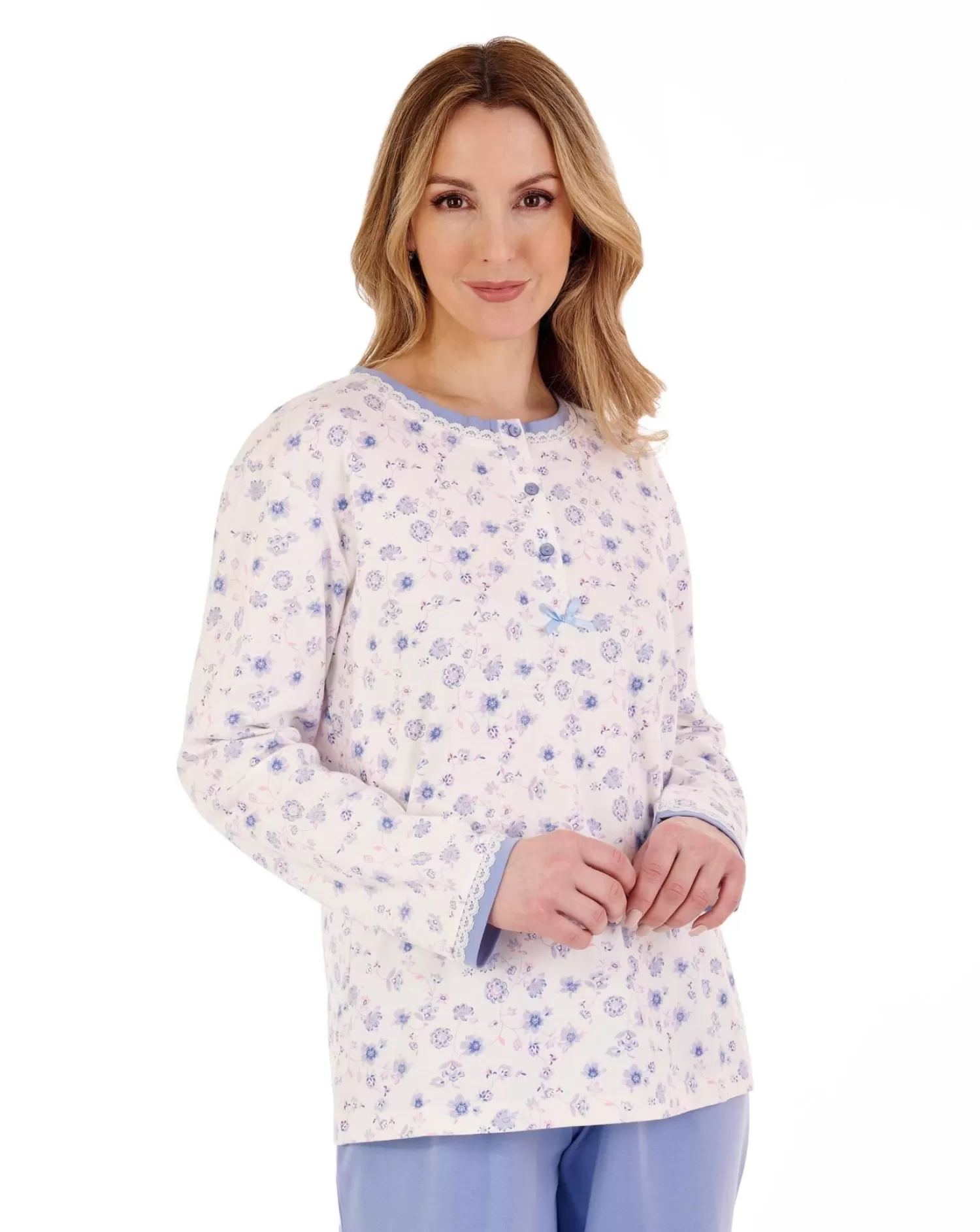Slenderella Pyjamas | Long Sleeve Interlock Cotton Pyjamas - Blue