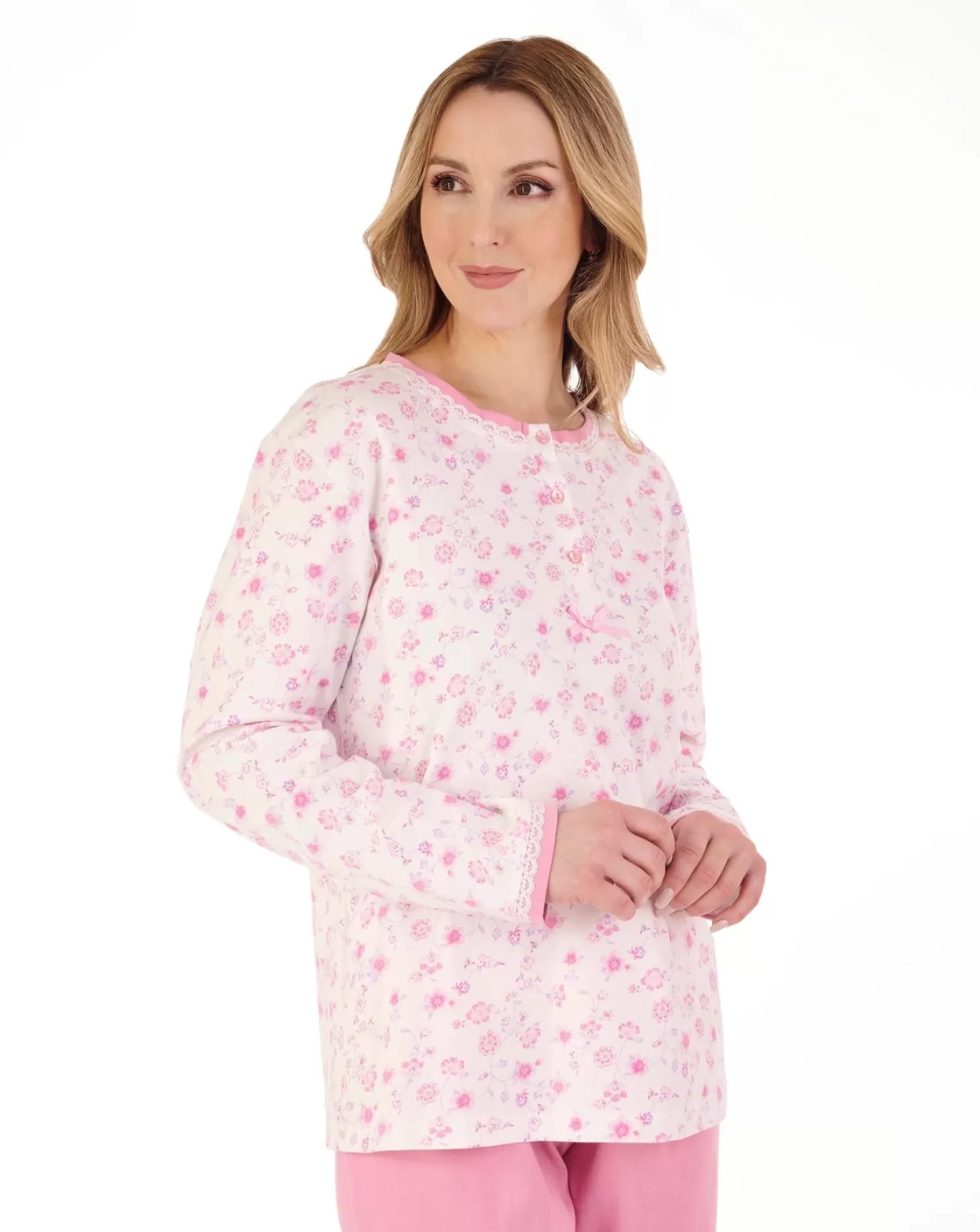 Slenderella Pyjamas | Long Sleeve Interlock Cotton Pyjamas - Pink