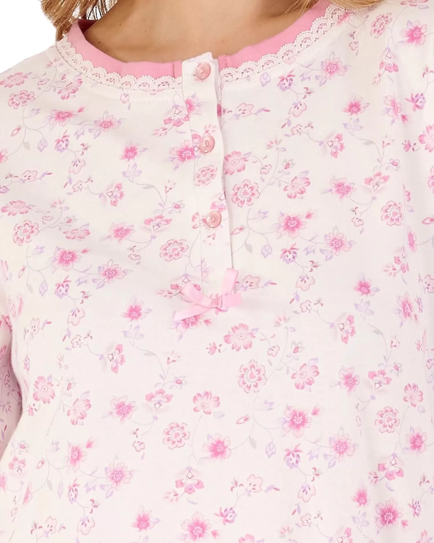 Slenderella Pyjamas | Long Sleeve Interlock Cotton Pyjamas - Pink