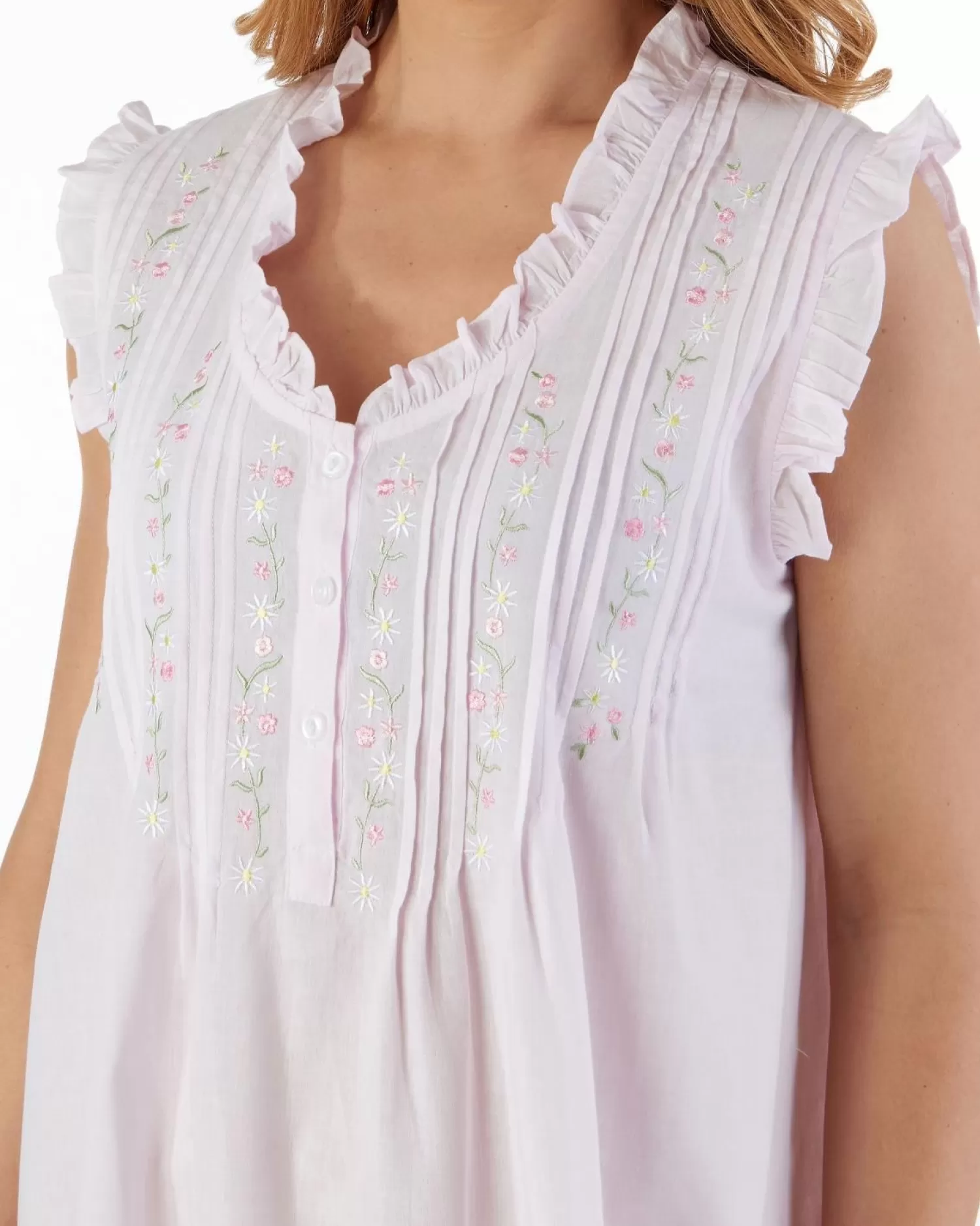 Slenderella Nighties | Pintuck & Ruffle Sleeveless Woven Nightdress - Pink