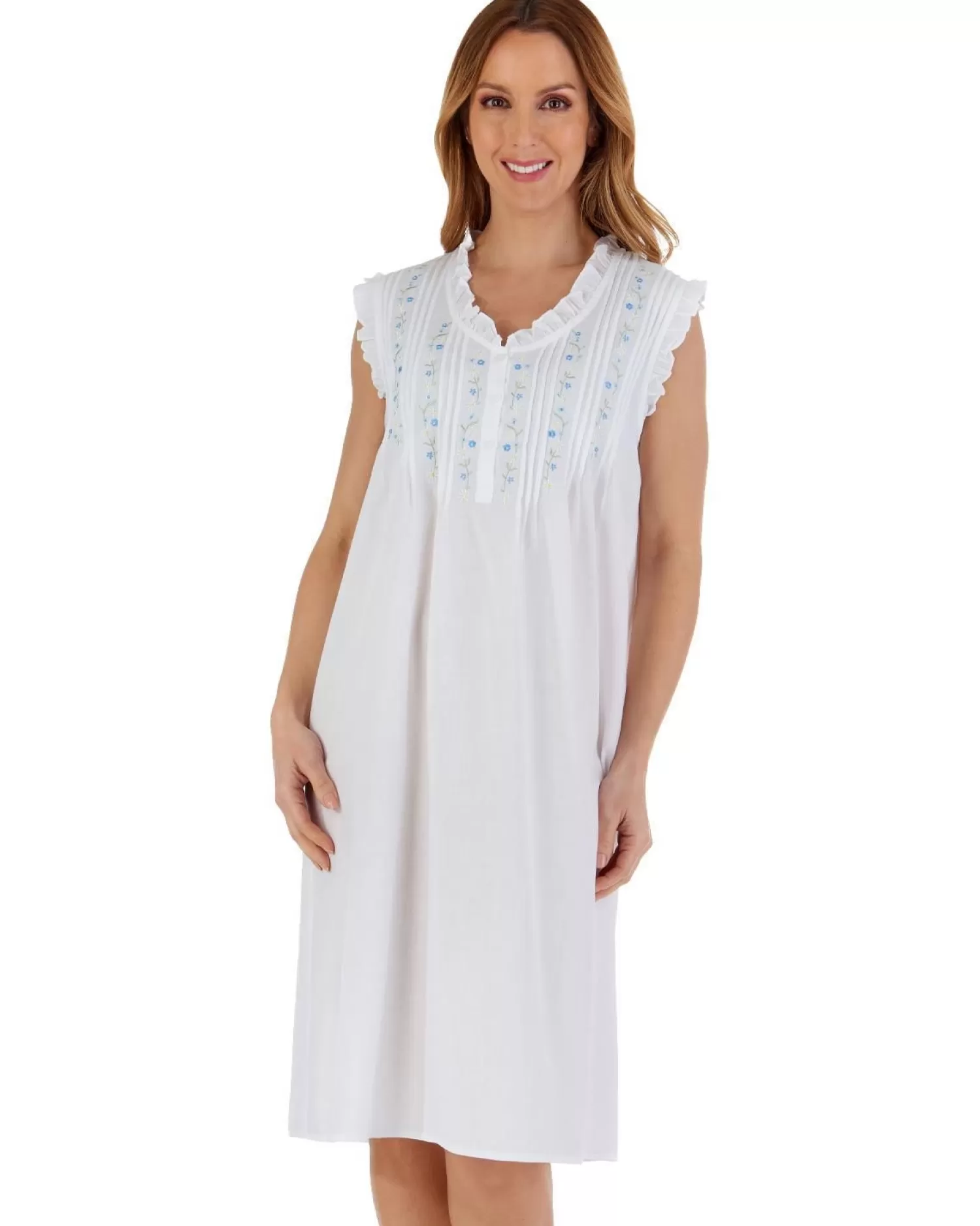Slenderella Nighties | Pintuck & Ruffle Sleeveless Woven Nightdress - White
