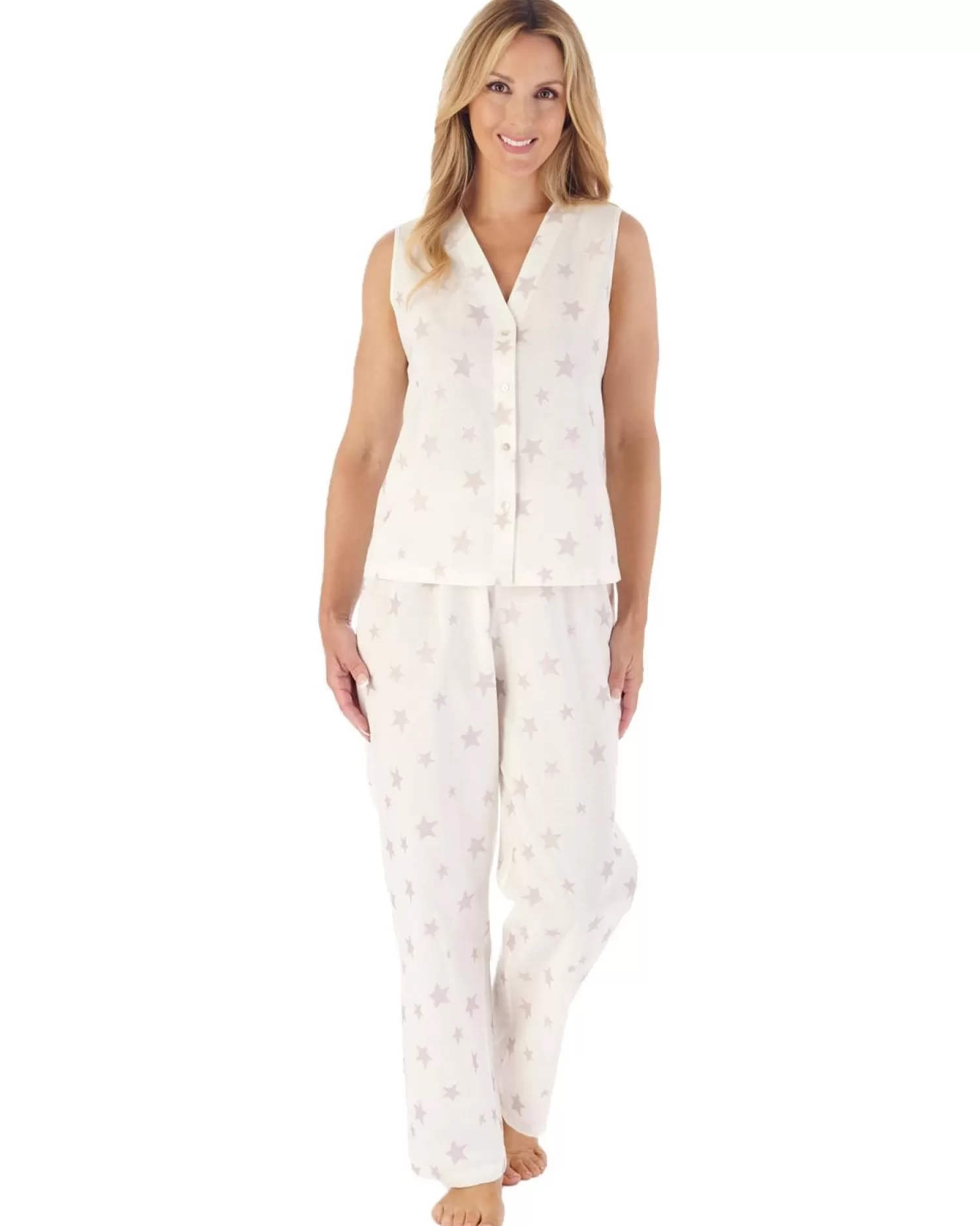 Slenderella Pyjamas | Star Print Long Button Pyjamas - Grey