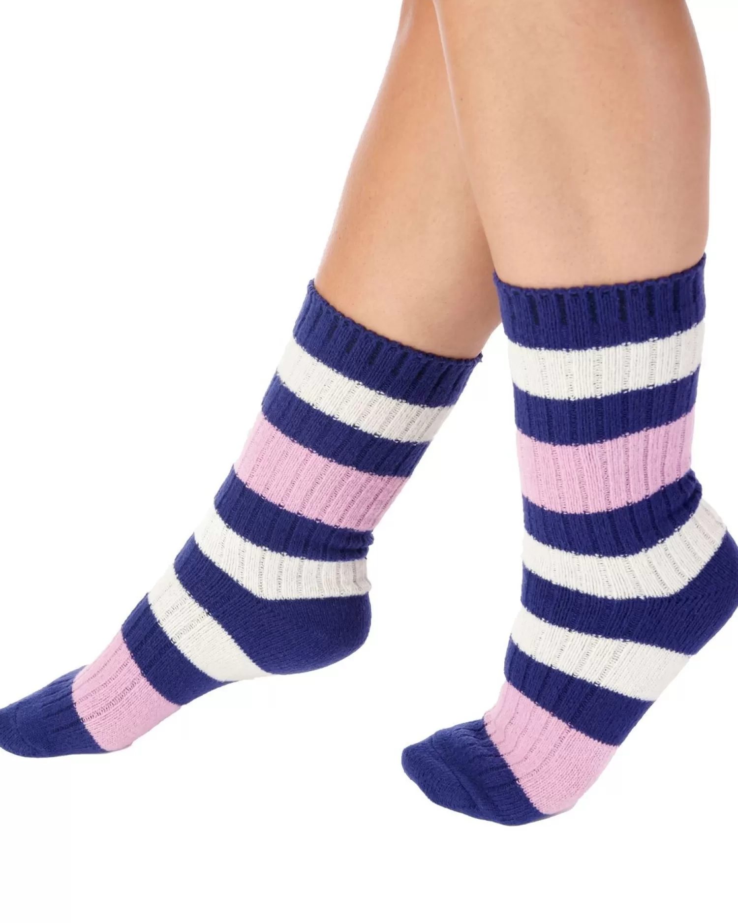 Slenderella Socks | Striped Rib Bed Socks - Navy