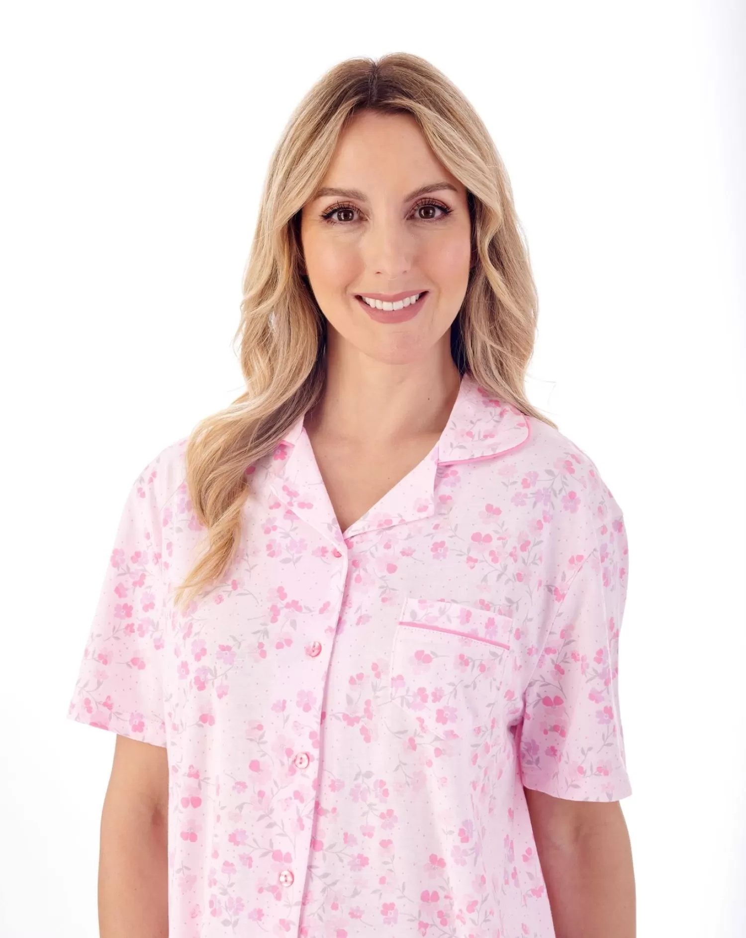 Slenderella Pyjamas | Trailing Floral Short Sleeve Jersey Pyjamas - Pink
