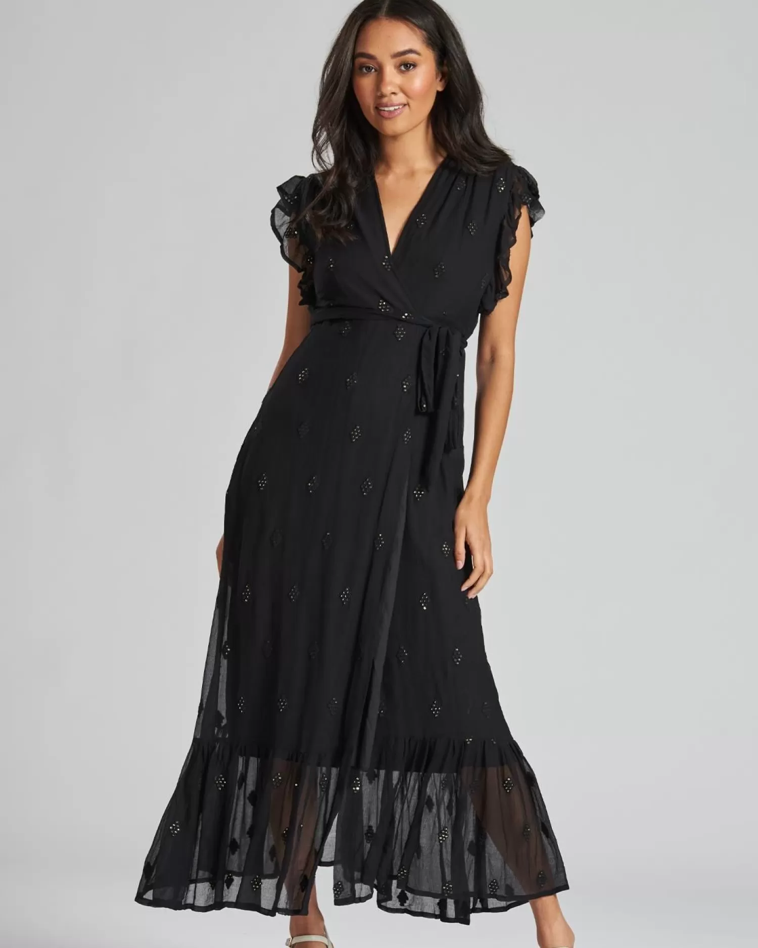 South Beach Dresses | Black Sequin Wrap Midi Dress