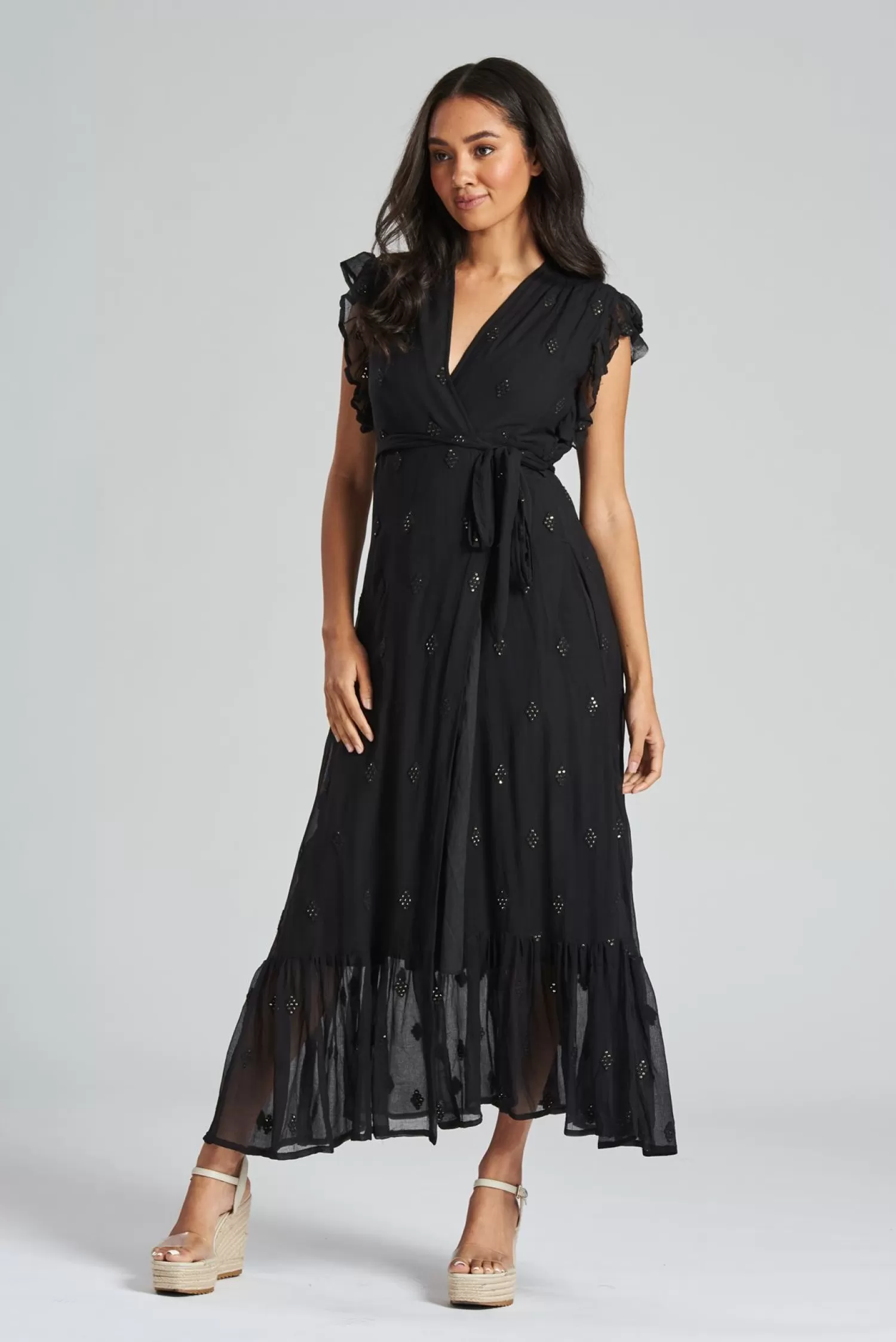 South Beach Dresses | Black Sequin Wrap Midi Dress