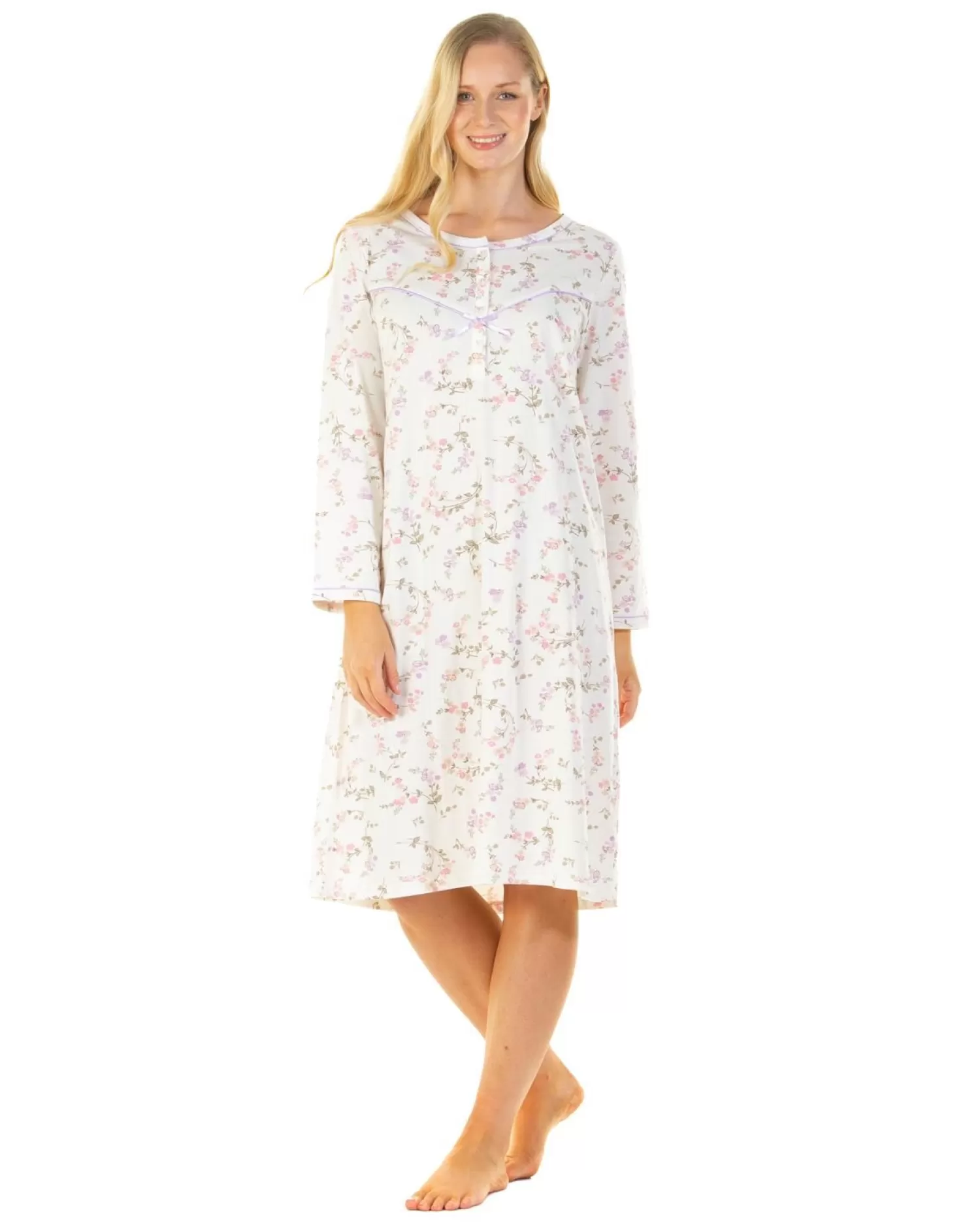 Sue Marks Nighties | Flower Spray 43" Long Sleeve Nightie - Ivory