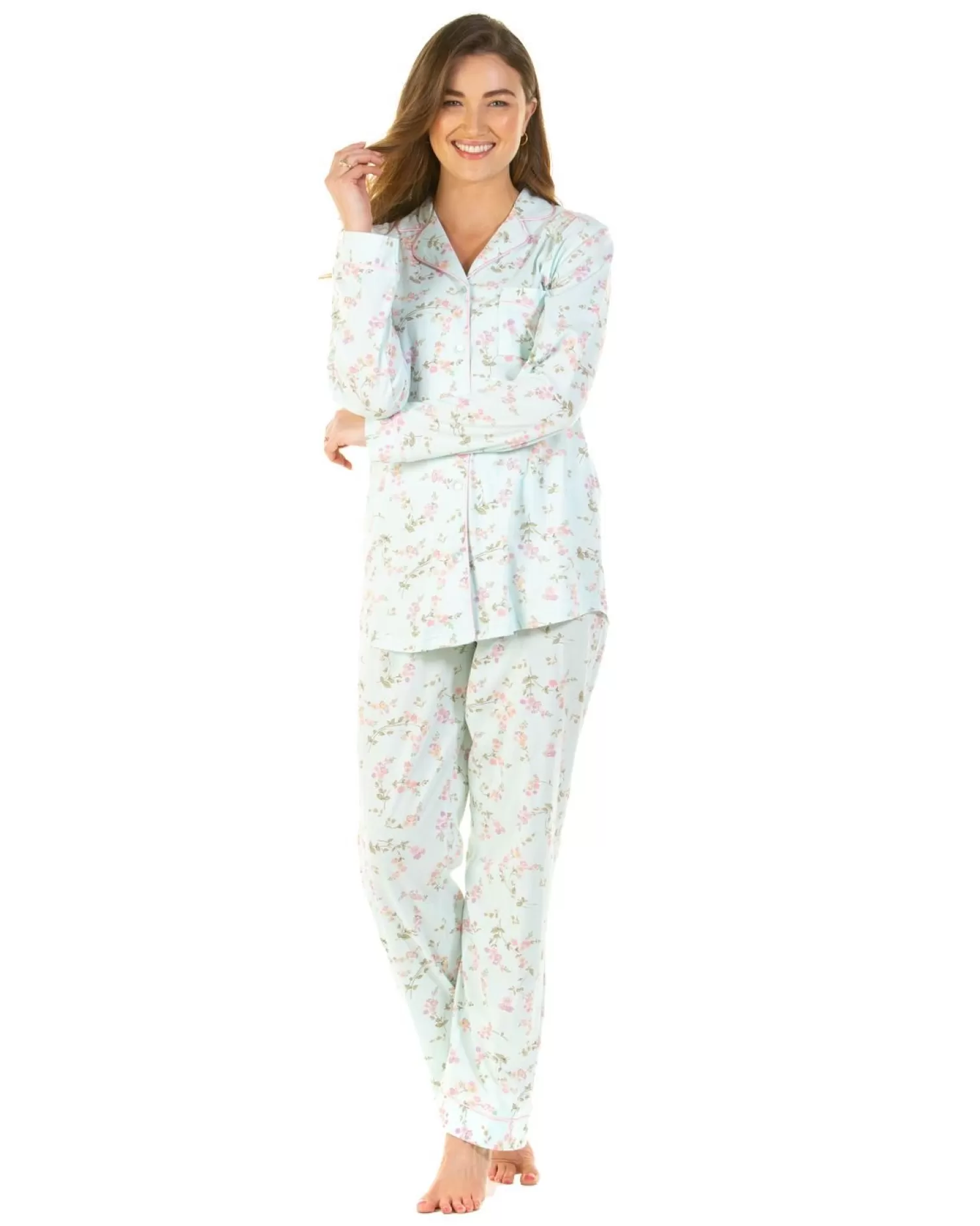 Sue Marks Pyjamas | Flower Spray Button Pyjamas - Aqua